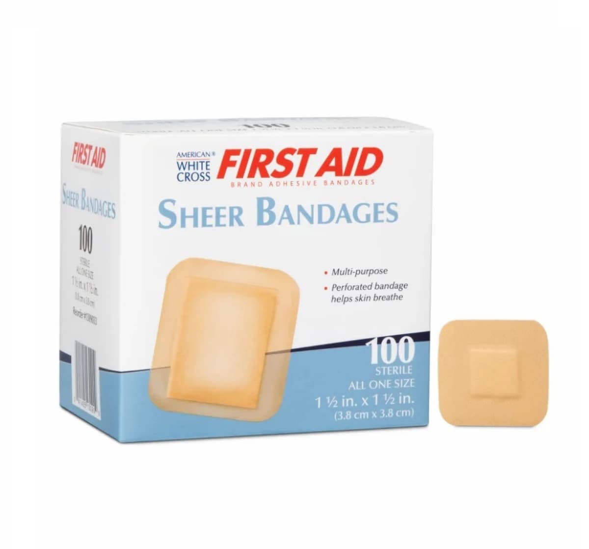American White Cross First Aid Adhesive Bandage, Plastic, Sheer, Sterile, 1.5 x 1.5 inches, 100/Box - Bandage Adhsv Sheer Patch - Image 1