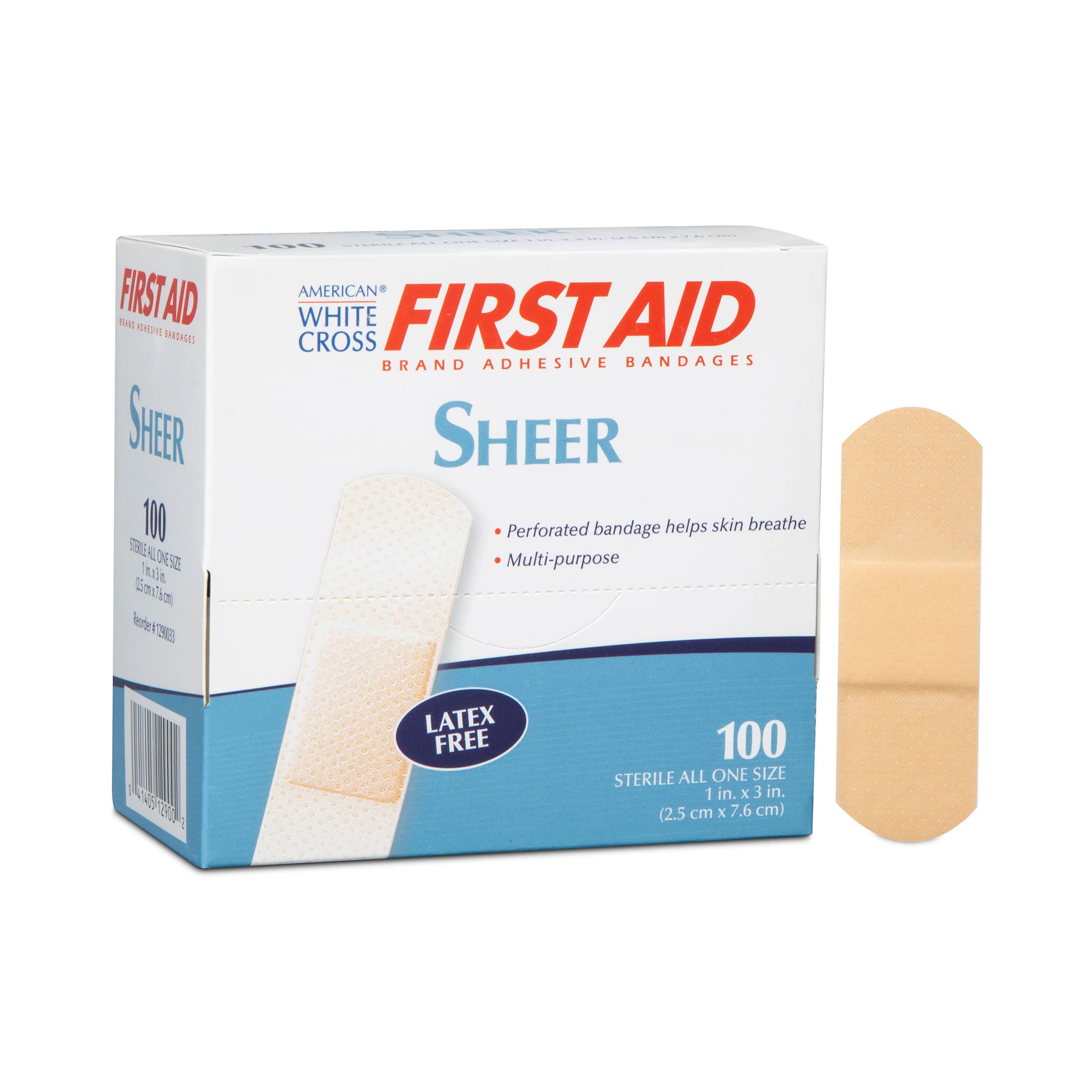 American White Cross First Aid Adhesive Bandage, Plastic Film, Sheer, 1" x 3", Sterile, 100/Box thumbnail 2