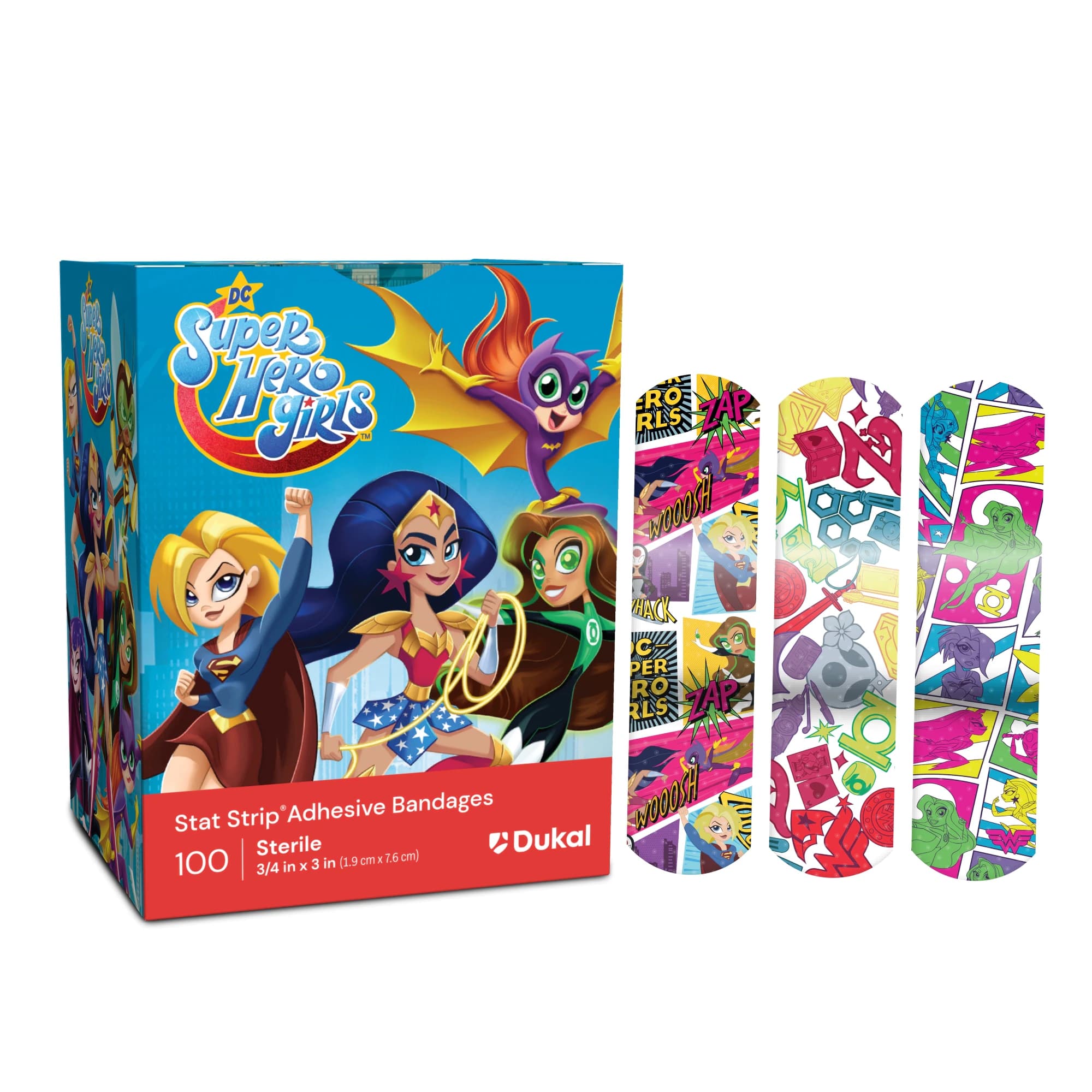 Dukal Stat Strip Adhesive Bandage, Plastic, 3/4" x 3", SuperHero Girls, Sterile, 100/Box - Bandage DC SuperHero Girls - Image 1