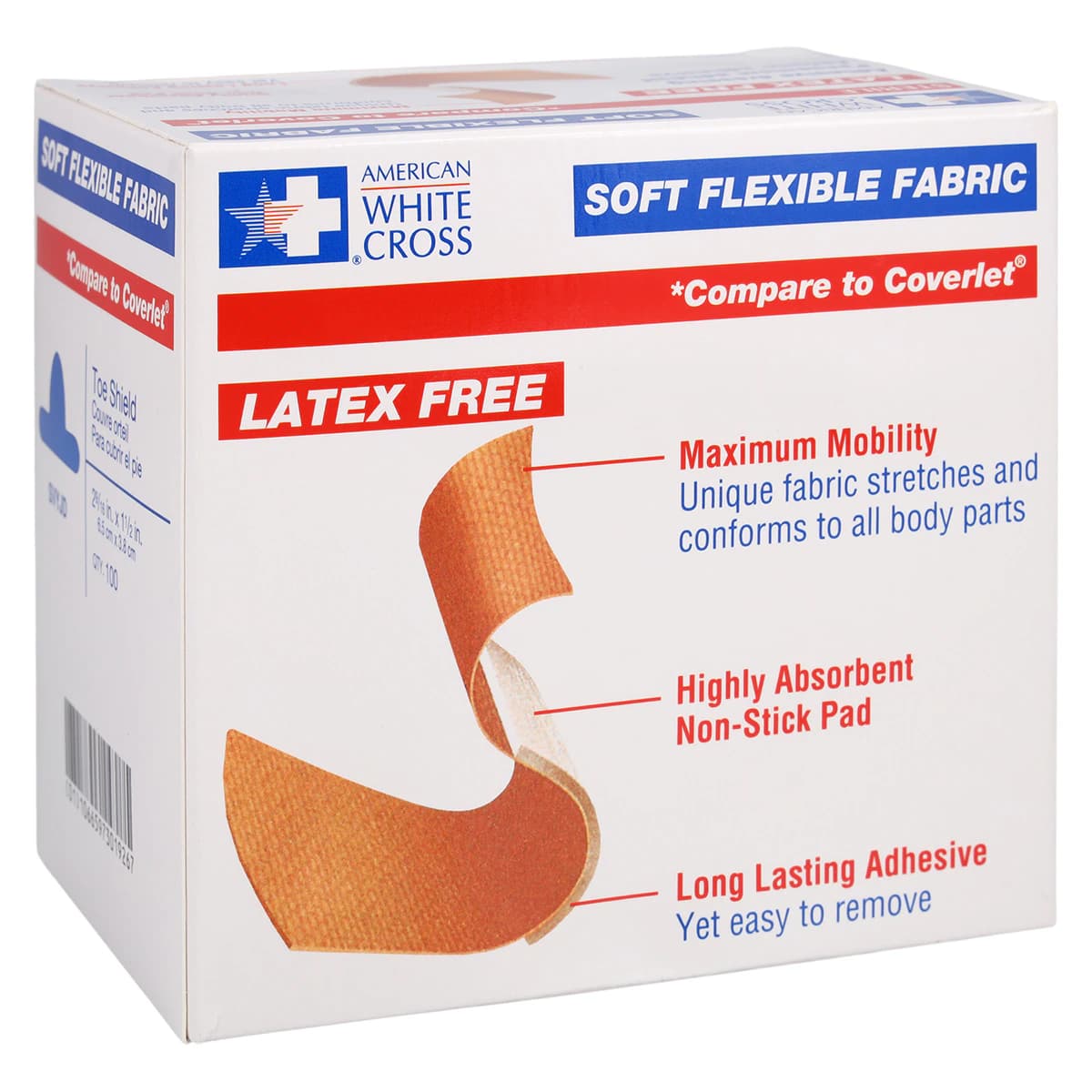 American White Cross Adhesive Bandage, Fabric, 1-1/2 x 2-9/16", Tan, Sterile, 100/Box - Bandage Soft Flex Fabr Toe - Image 1