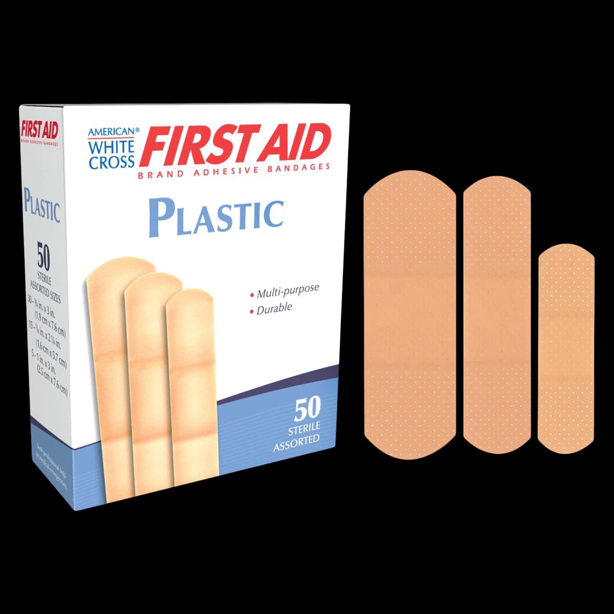 American White Cross Adhesive Bandage Plastic Strip, Assorted Sizes, Tan, Sterile, 50/Box - Bandage Adhsv Plastic Strip - Image 1