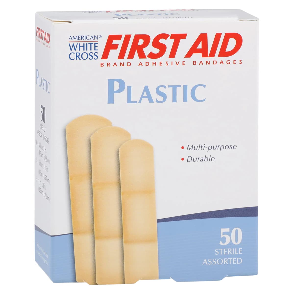 American White Cross Adhesive Bandage Plastic Strip, Assorted Sizes, Tan, Sterile, 50/Box thumbnail 2