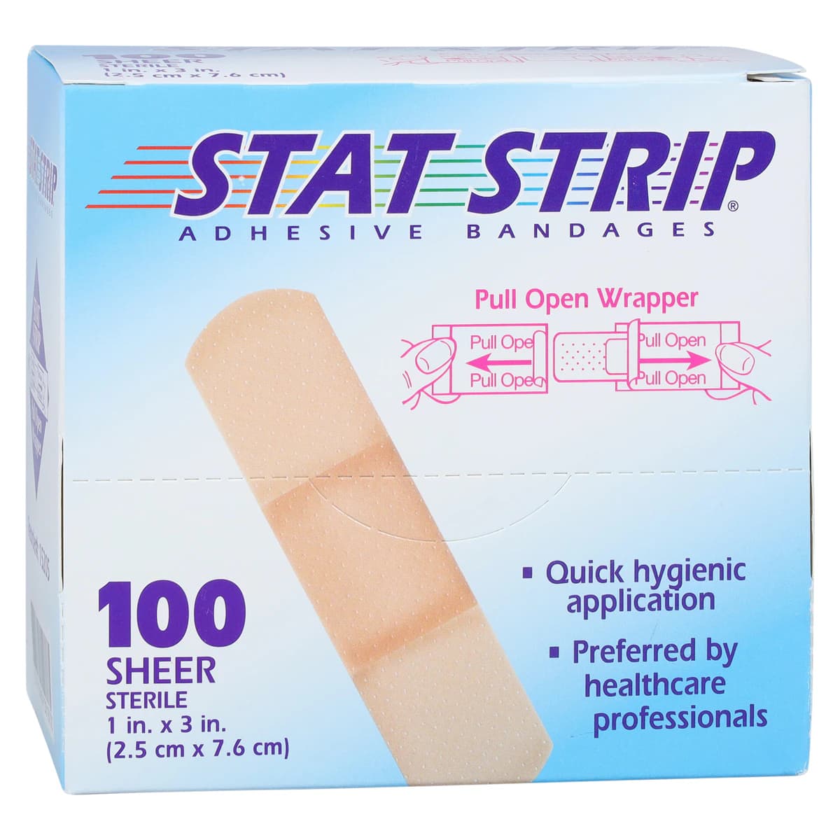 Dukal Stat Strip Adhesive Bandage, Plastic, Sheer, Sterile, 1" x 3", 100/Box - Bandage Stat Strip Sheer - Image 1