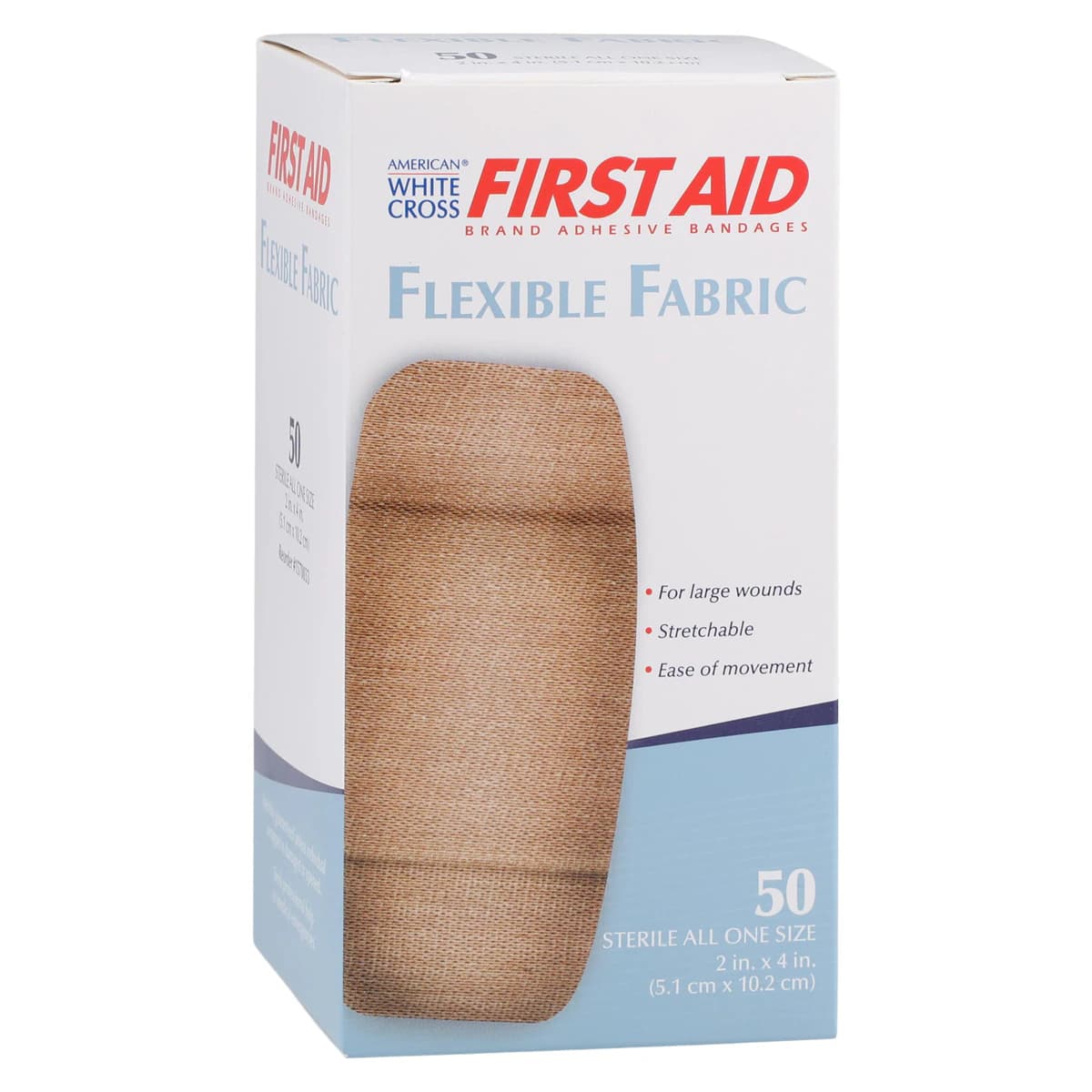 American White Cross Adhesive Bandage, Fabric, Lightweight Flexible, 2" x 4", Tan, Sterile, 50/Box - Bandage Ltwt Flex Fabric Patch - Image 1