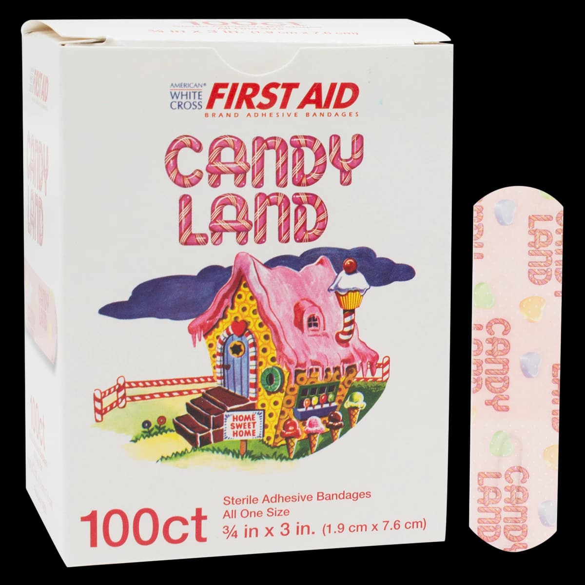 Dukal Stat Strip Adhesive Bandage, Plastic, 3/4" x 3", Candy Land Design, Sterile, 100/Box - Bandage Adhesive CAndy Land - Image 1