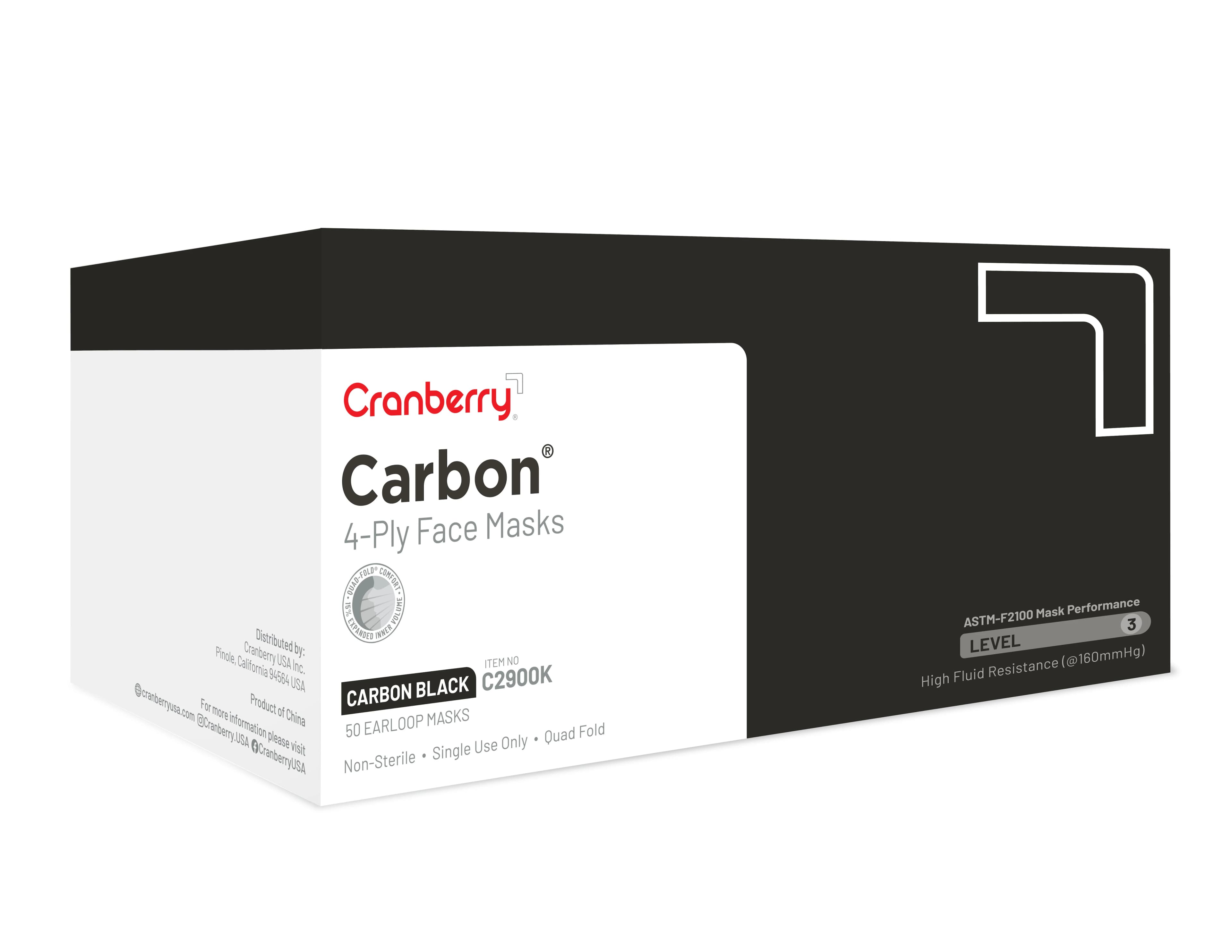 Cranberry Carbon ASTM Level 3 Earloop Face Mask, 4-Ply, Black, 50/Box, C2900K thumbnail 4