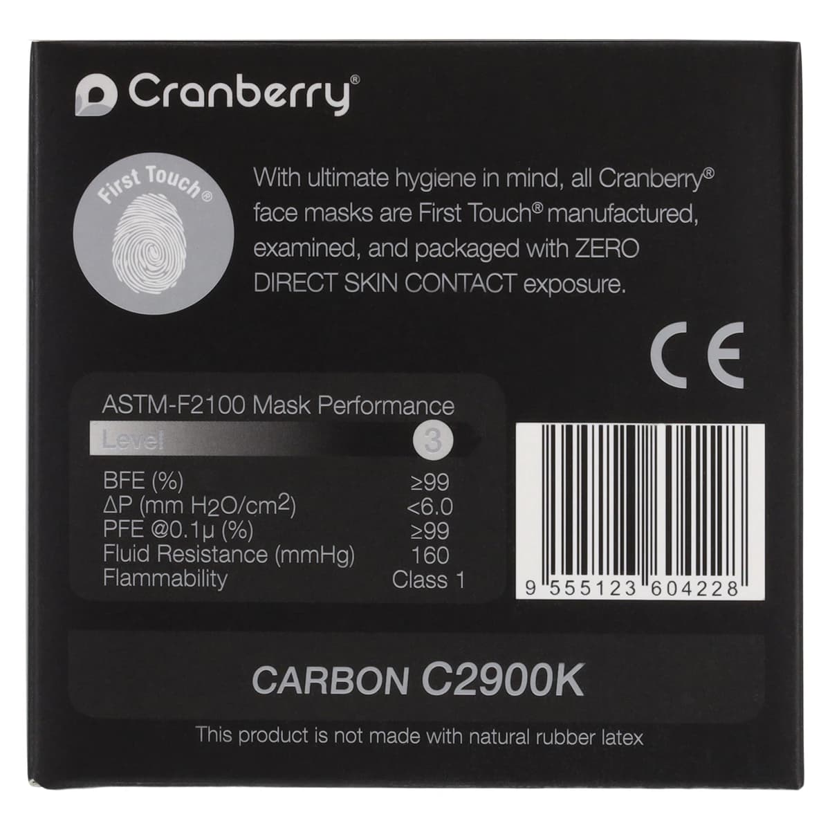 Cranberry Carbon ASTM Level 3 Earloop Face Mask, 4-Ply, Black, 50/Box, C2900K thumbnail 7