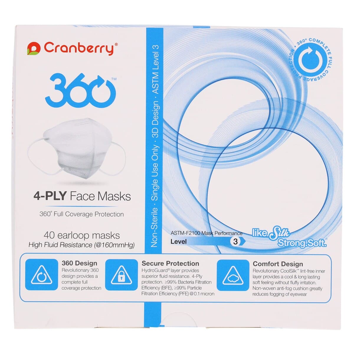 Cranberry 360 Anti-Fog 4-Ply Earloop Face Mask, ASTM Level 3, Small, Silver, 40/Box, Q2860S thumbnail 9