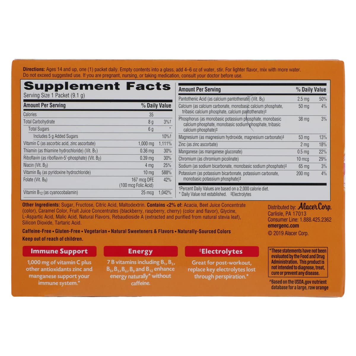 Emergen-C Super Orange Powder Mix, Raspberry Flavor, 30 Packets/Box thumbnail 2