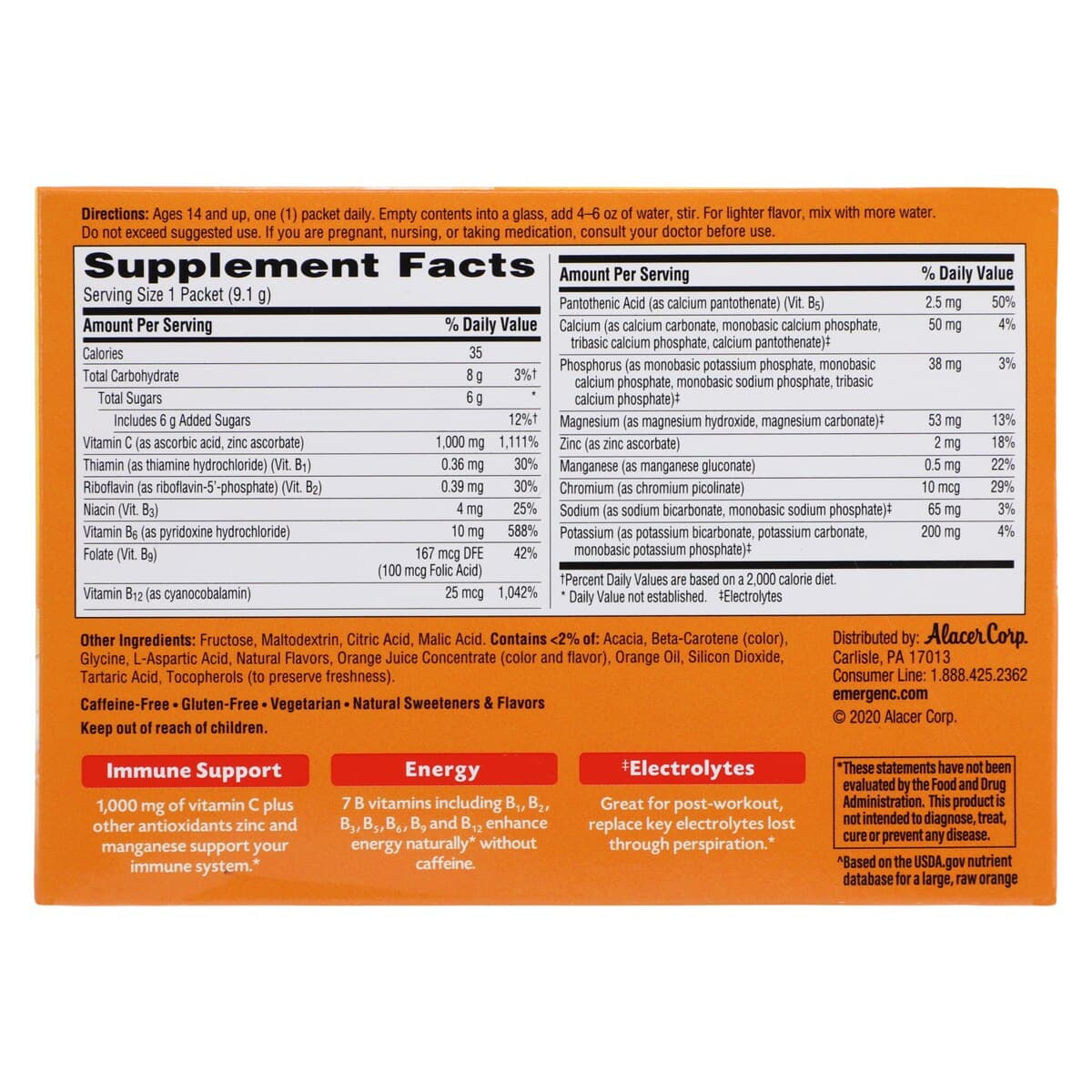 Emergen-C Super Orange Effervescent Powder Mix, 30 Count Box thumbnail 2