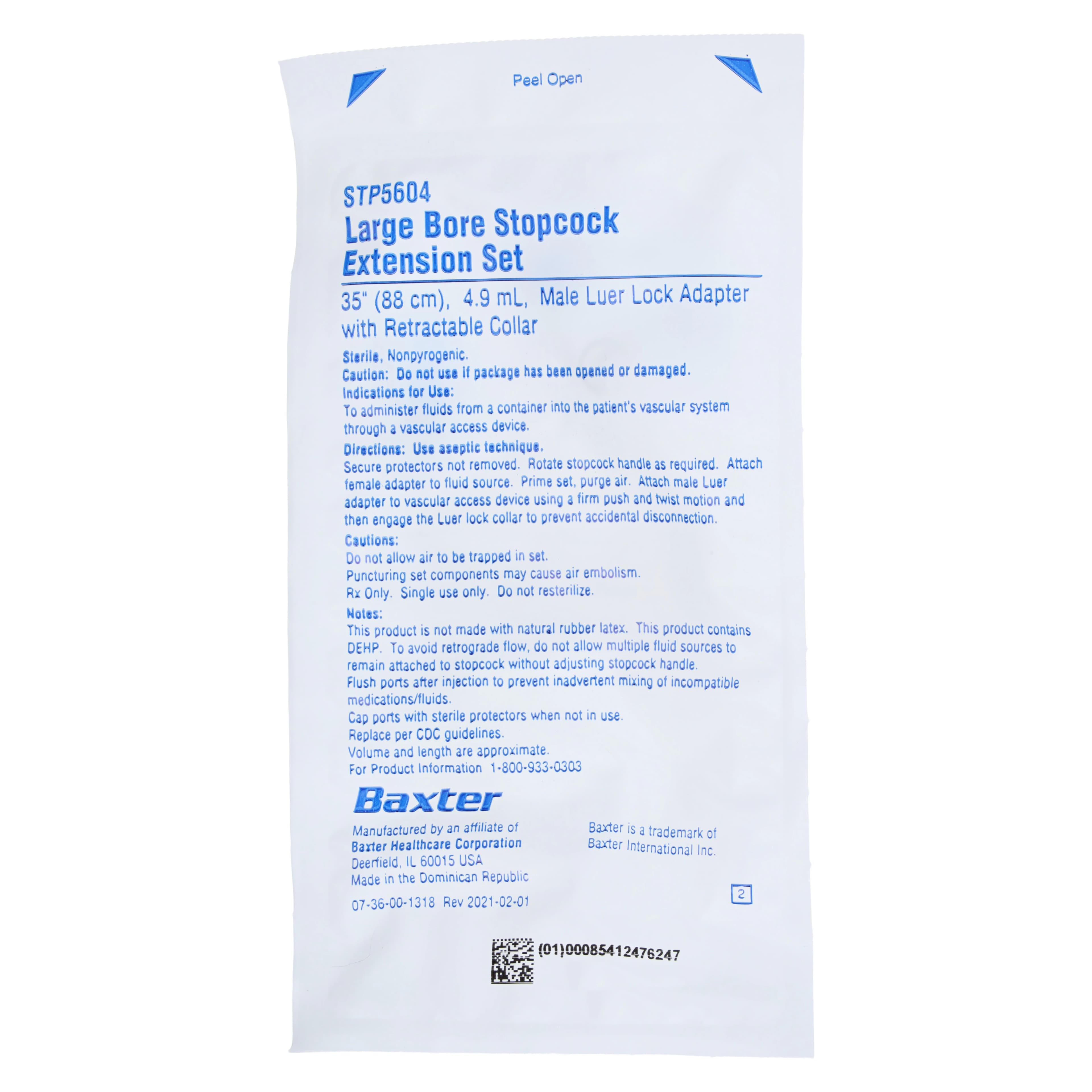 Baxter Stopcock Large Bore IV Extension Set, 35" Male Luer Lock Adapter, Retractable Collar, Sterile, 48/Case - Stopcock Large Bore Ext Set - Image 1