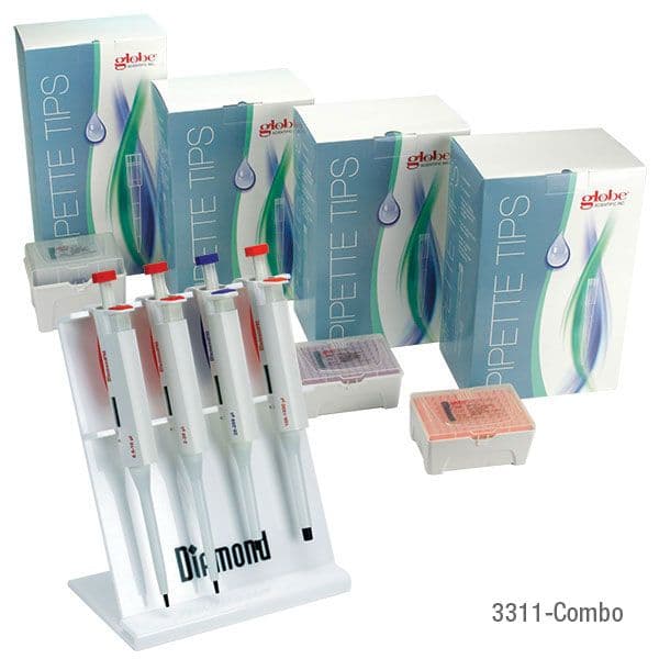 Globe Scientific Diamond PRO Adjustable Volume Pipette Kit, 4-Place, Sterile, Reusable, with Tips (0.5-10 µL, 2-20 µL, 20-200 µL, 100-1000 µL) - Pipettor Kit Diamond Pro - Image 1