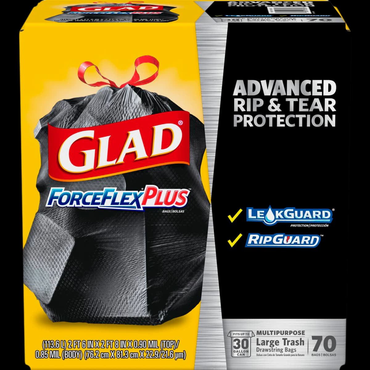 Glad ForceFlex Trash Bags, 30 Gallon, Drawstring Closure, 70/Box - Bags Trash 32" Glad Forceflex - Image 1