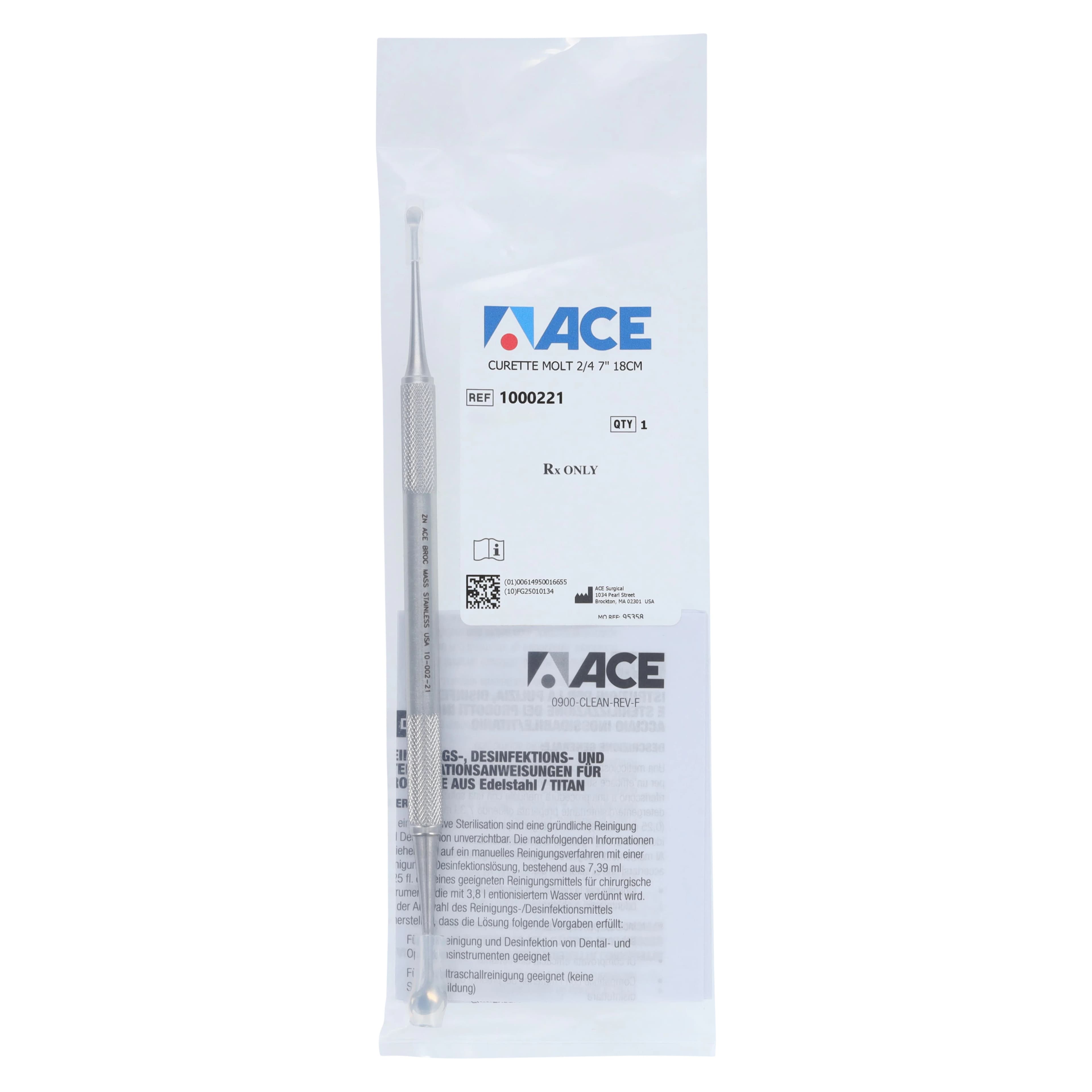 Ace Surgical Molt Bone Curette #2/4, Double End, DuraLite ColorRings, 100% Stainless Steel thumbnail 6