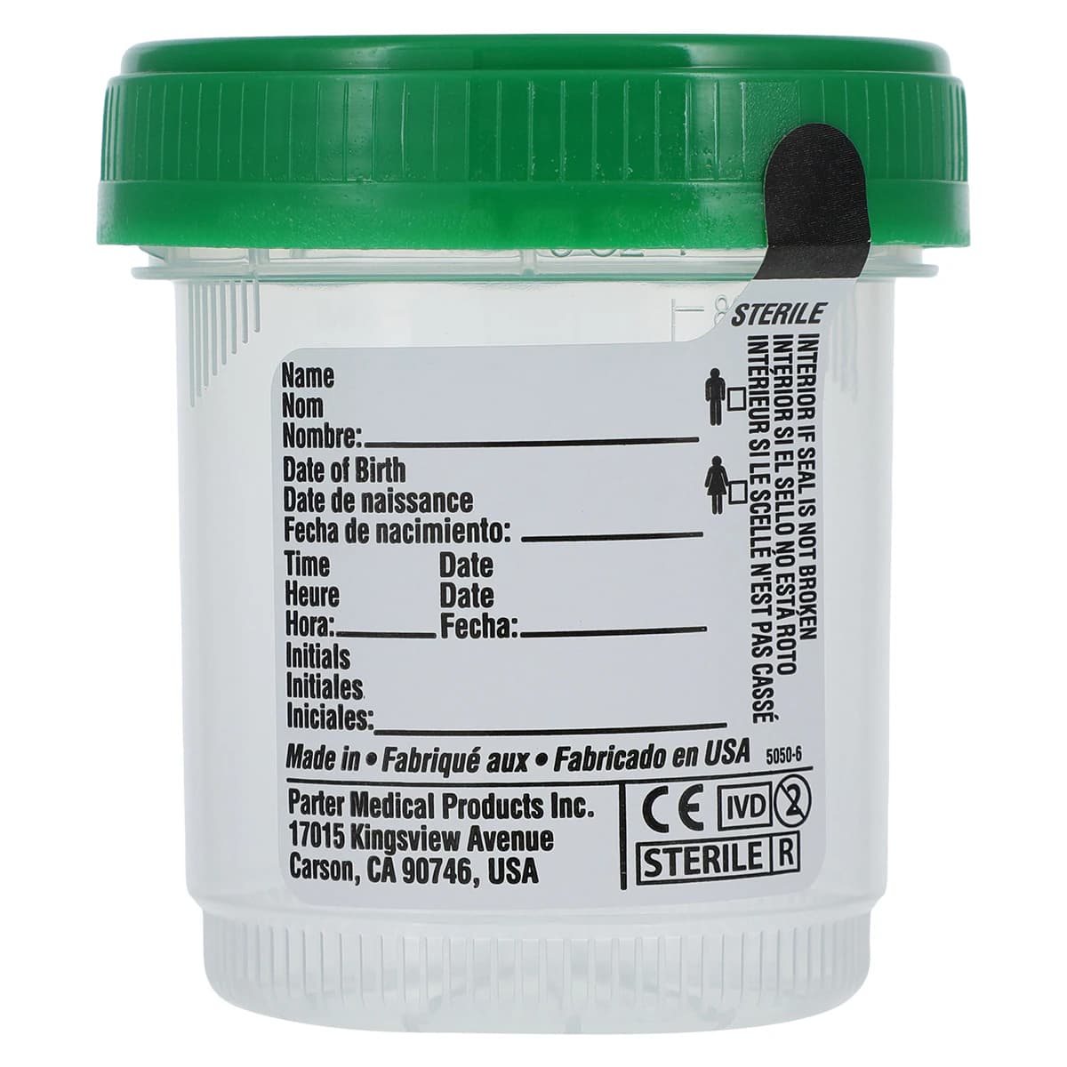 Azer Scientific DuoClick Sterile Specimen Container, 90mL, Polypropylene, Graduated, Green Screw Cap, Clear, 400/Case thumbnail 2
