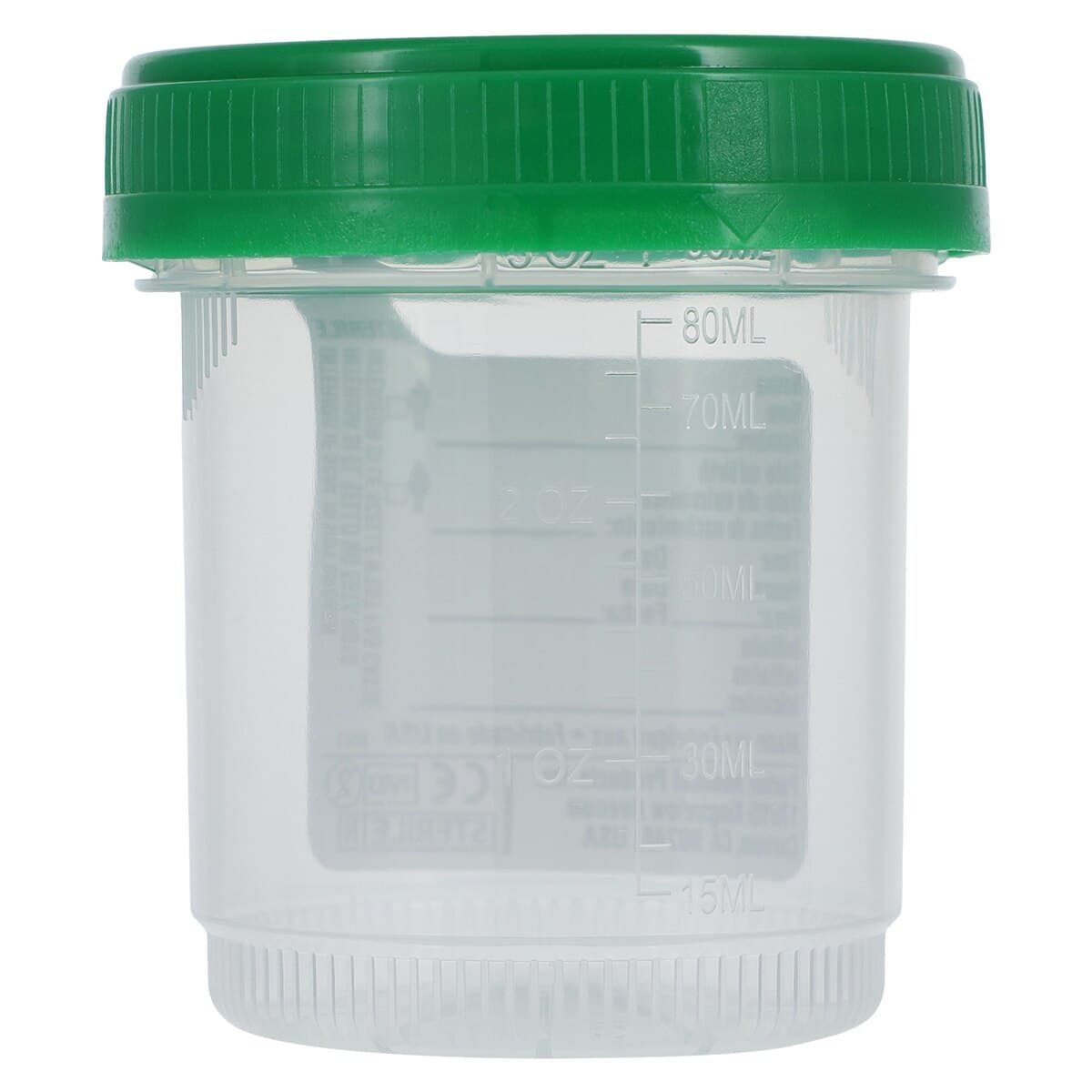 Azer Scientific DuoClick Sterile Specimen Container, 90mL, Polypropylene, Graduated, Green Screw Cap, Clear, 400/Case thumbnail 3