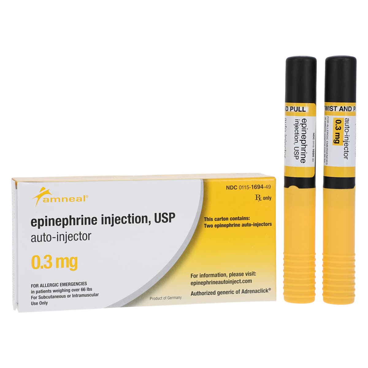 Amneal Epinephrine Auto-Injector, 0.3mg, Adult, 2/Package - Epinephrine Auto-INJ Adult - Image 1
