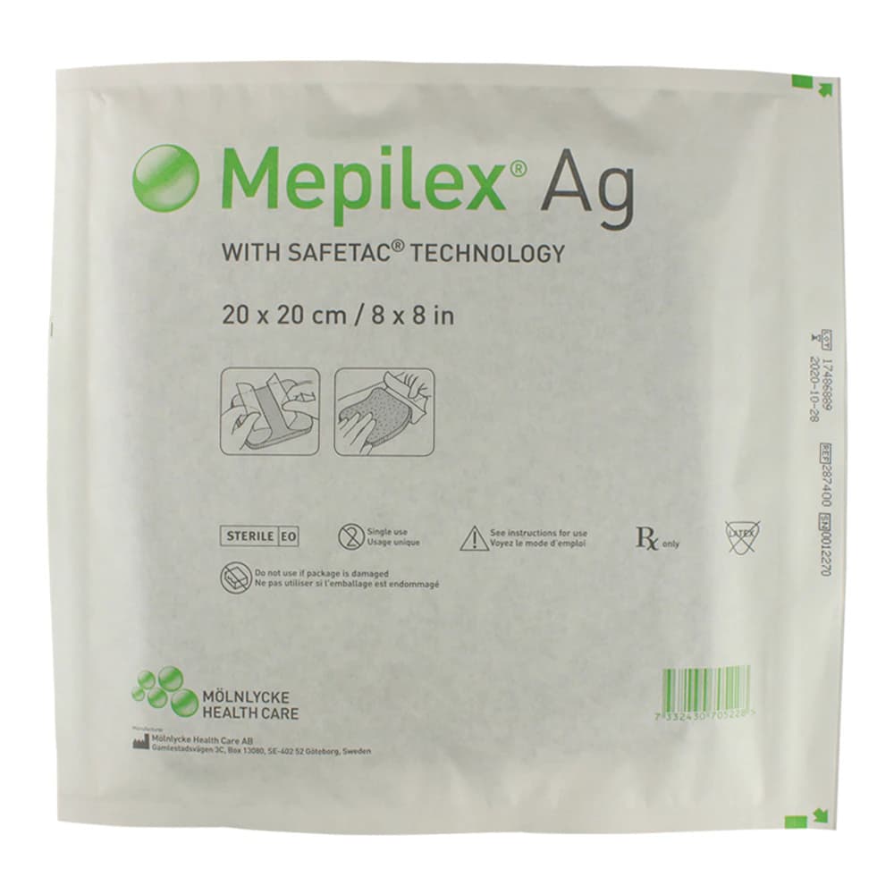 Mepilex Ag Antimicrobial Foam Dressing, 8" x 8", Gentle Adhesive, 1 Each - Dressing Mepilex AG Foam - Image 1