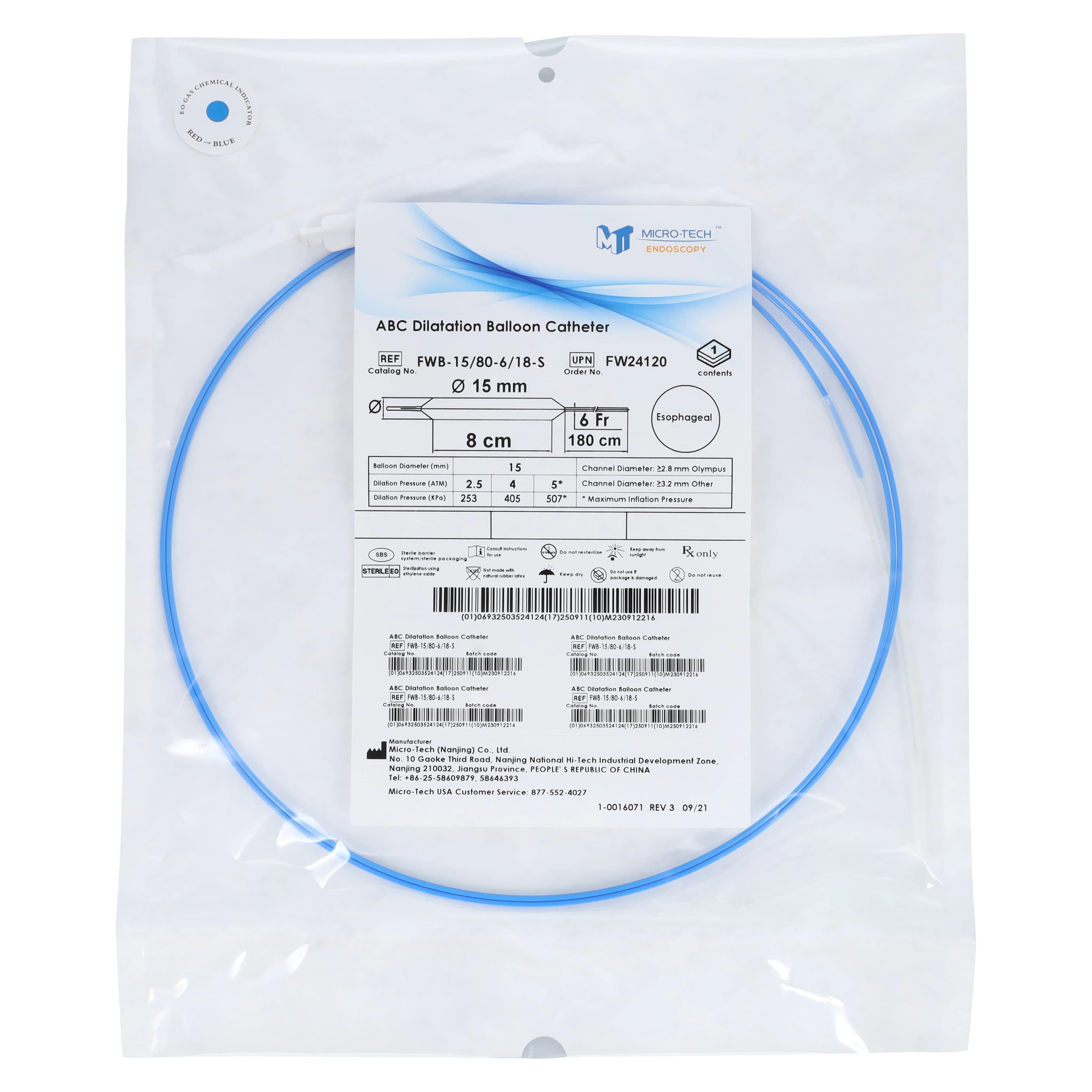 Micro-Tech Endoscopy ABC Esophageal Dilation Balloon, 180cm, 15mm, 8cm, Sterile, Single-Use, 2/Box - Esophageal Dilation Balloon - Image 1
