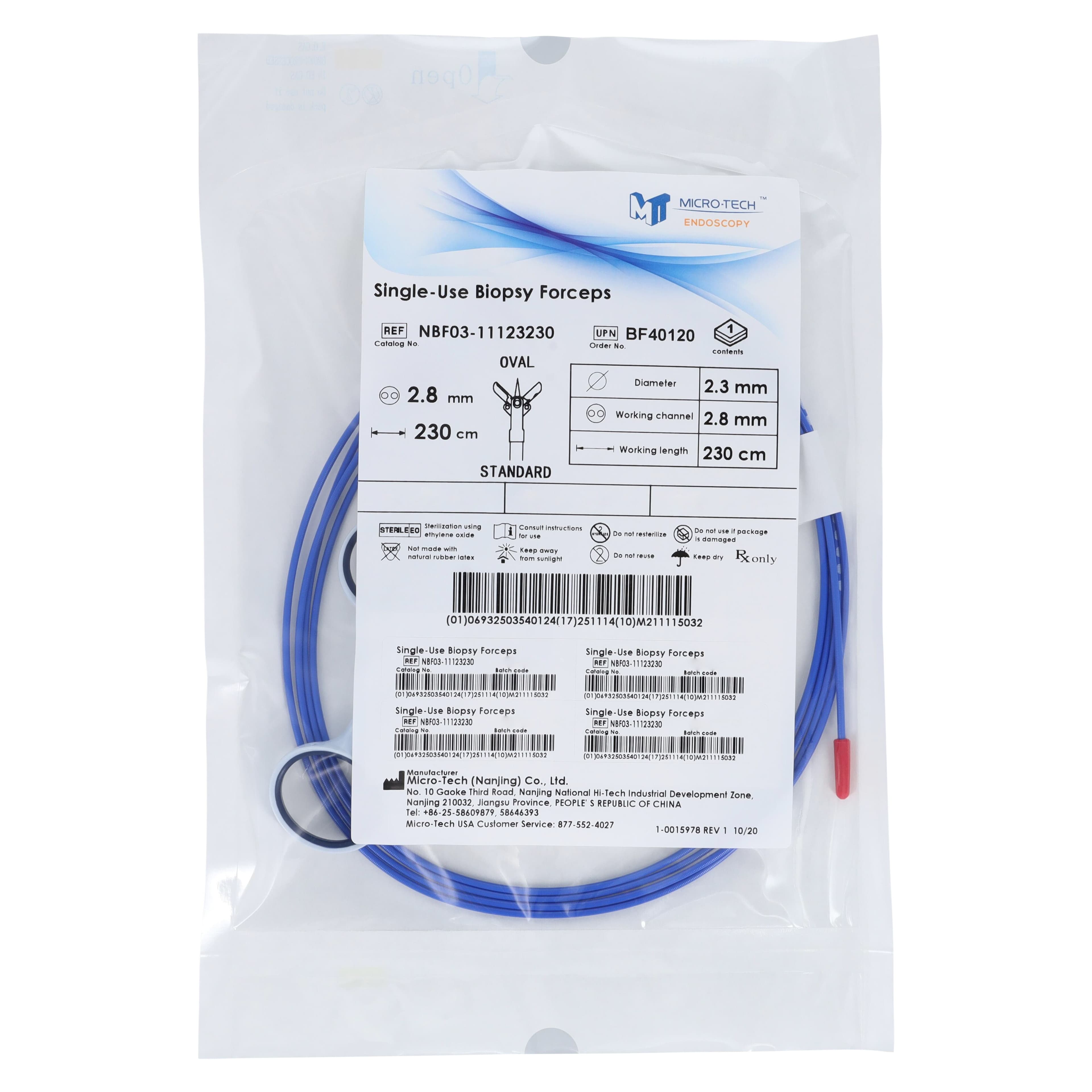 Micro-Tech Endoscopy Oval Cup Biopsy Forceps, Single-Use, 230cm Working Length, Blue, 10/Box - FORCEP BIOPSY OVL BLUE W/SPK - Image 1