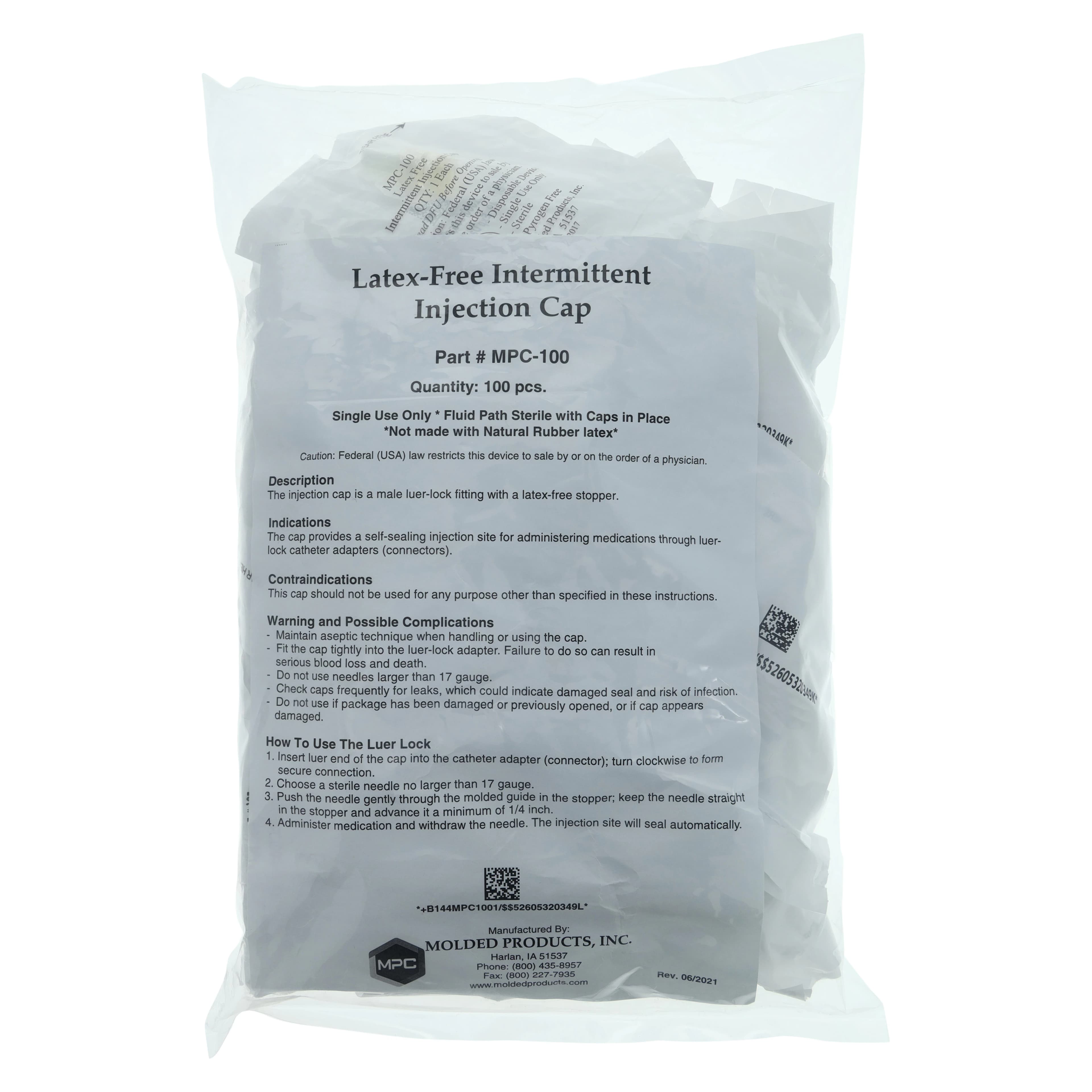 Molded Products Intermittent Injection Cap, Female Luer Lock, Non-Vented, DEHP-Free, Sterile, 200/Box - Cap Injection Intermittent - Image 1