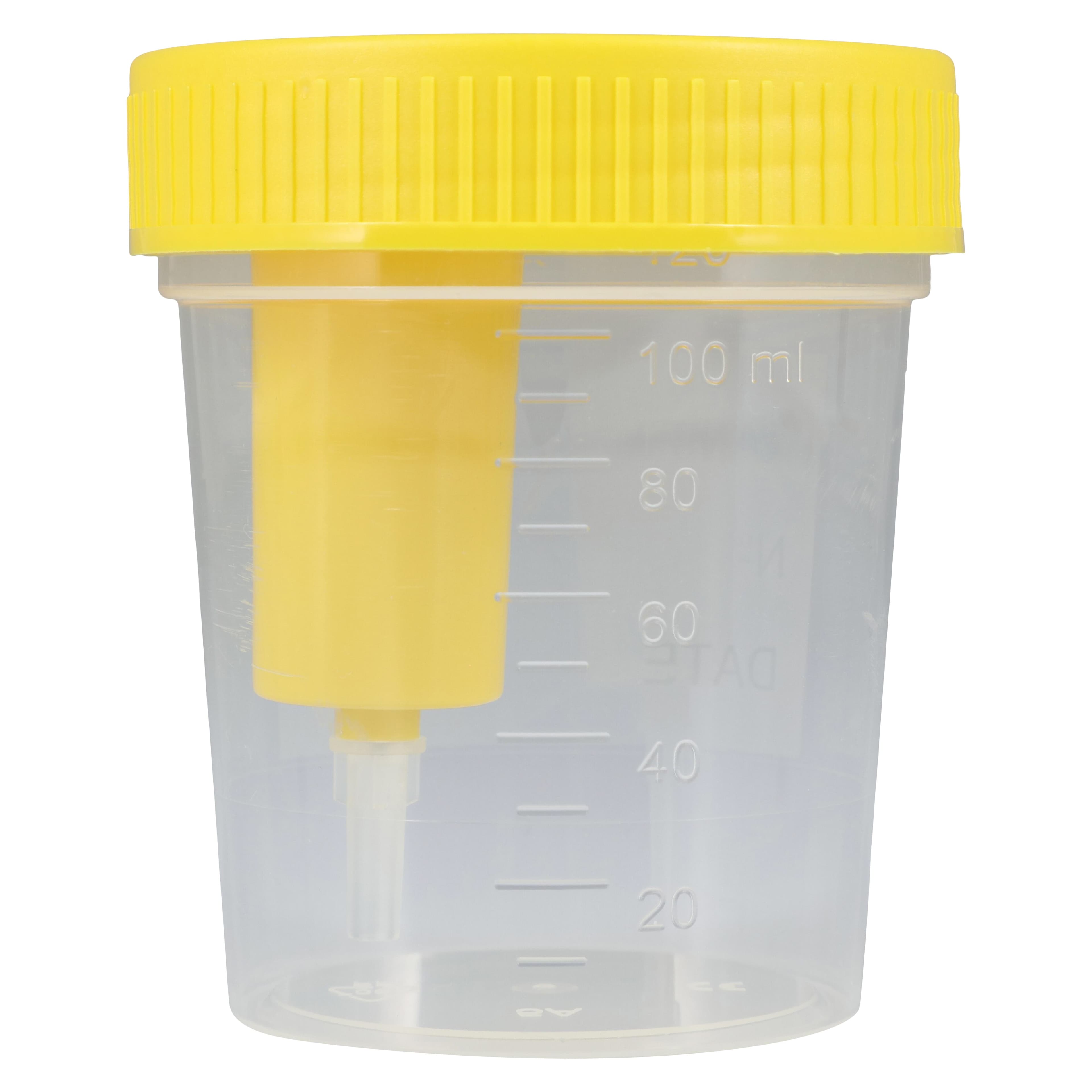 Globe Scientific TransferTop Urine Collection Cup, 120 mL, Plastic, Sterile, with Integrated Transfer Device, Graduated, Yellow Screw Cap, Clear, 300/Case thumbnail 2