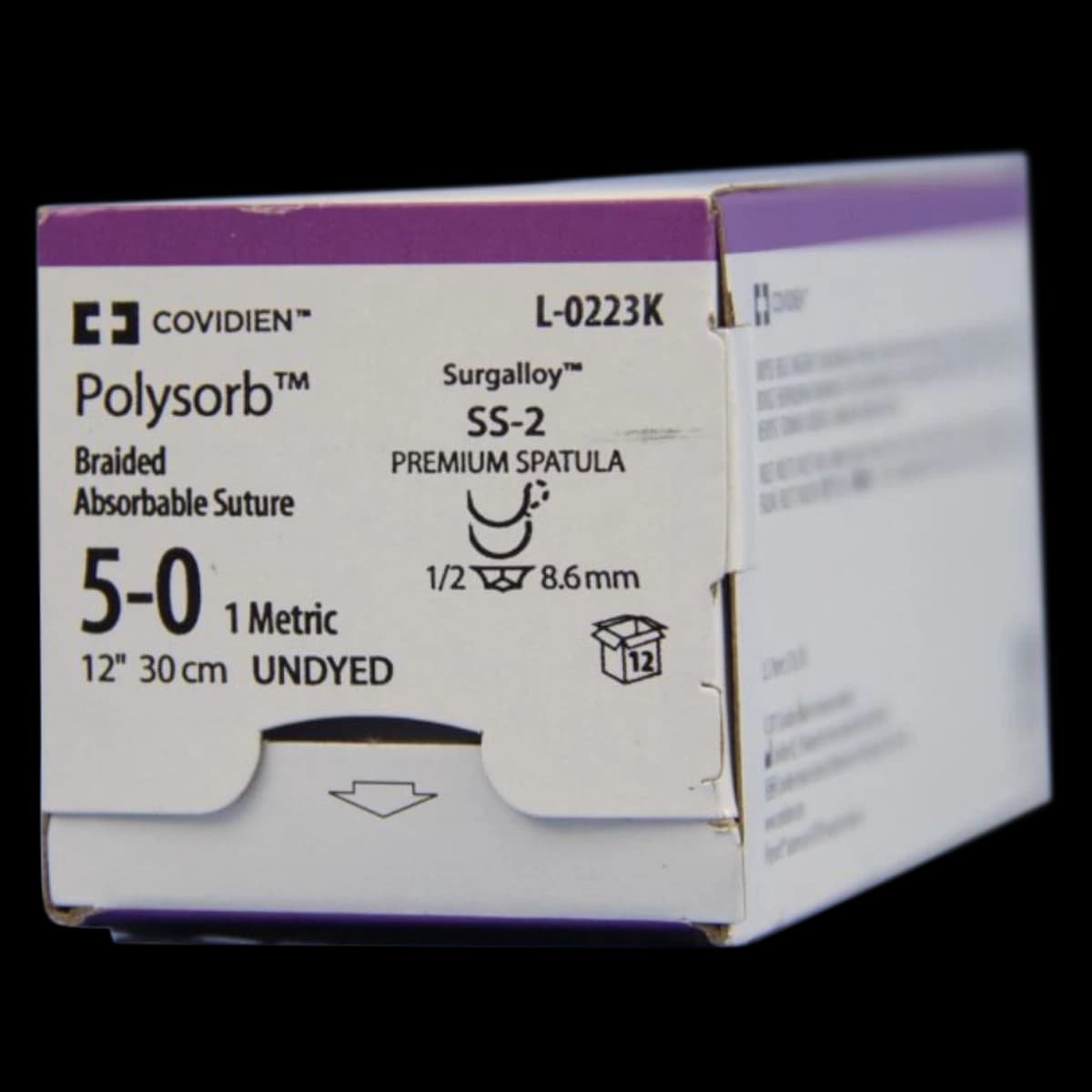 Medtronic Polysorb Suture, 5-0, 12" Polyester Braid, Absorbable, SS-2 Spatula 1/2 Circle Needle 8mm, Coated, Undyed, 12/Case - Suture w/ SS2 Ndl Plysrb Undyd - Image 1