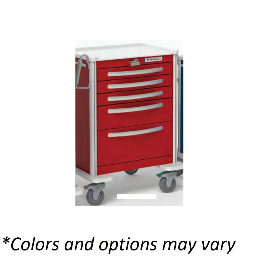 Waterloo Healthcare Emergency Cart, 5 Drawer, Red, 29 x 24.5 x 39 in, Easy Roll Casters, Lever Lock - Cart Emergency 5 Drwr -Red - Image 1