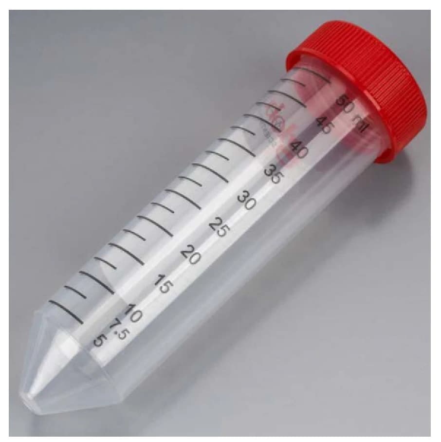 Globe Scientific Diamond MAX Centrifuge Tube, Polypropylene, 50mL, Clear with Red Attached Screw Cap, Conical Bottom, Sterile, 500/Case - Tubes Centrifuge 50ml Red Cap - Image 1
