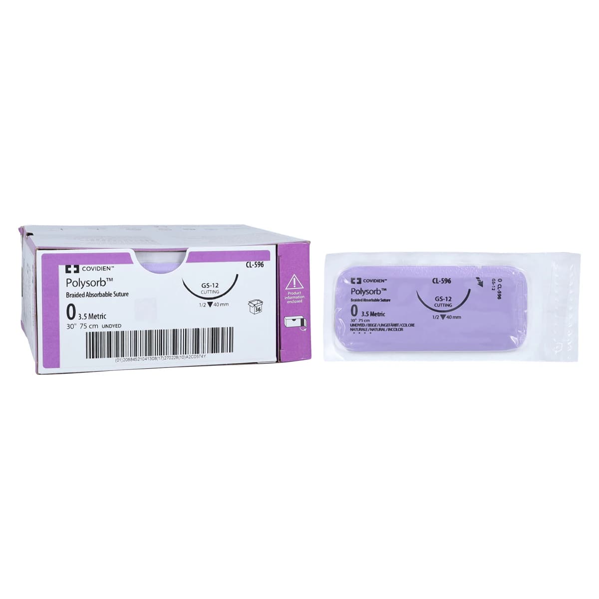 Medtronic Polysorb Suture, Size 0, 30" Polyester Braid, Absorbable, GS-12 Reverse Cutting 1/2 Circle Needle 3.5mm, Coated, Undyed, 36/Case thumbnail 2
