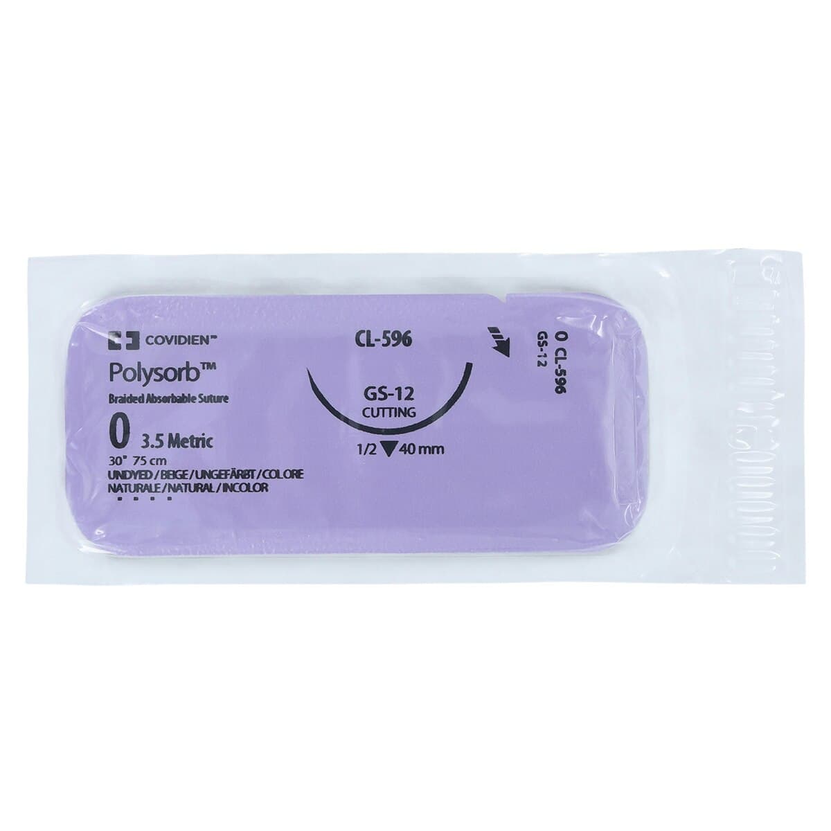 Medtronic Polysorb Suture, Size 0, 30" Polyester Braid, Absorbable, GS-12 Reverse Cutting 1/2 Circle Needle 3.5mm, Coated, Undyed, 36/Case thumbnail 3