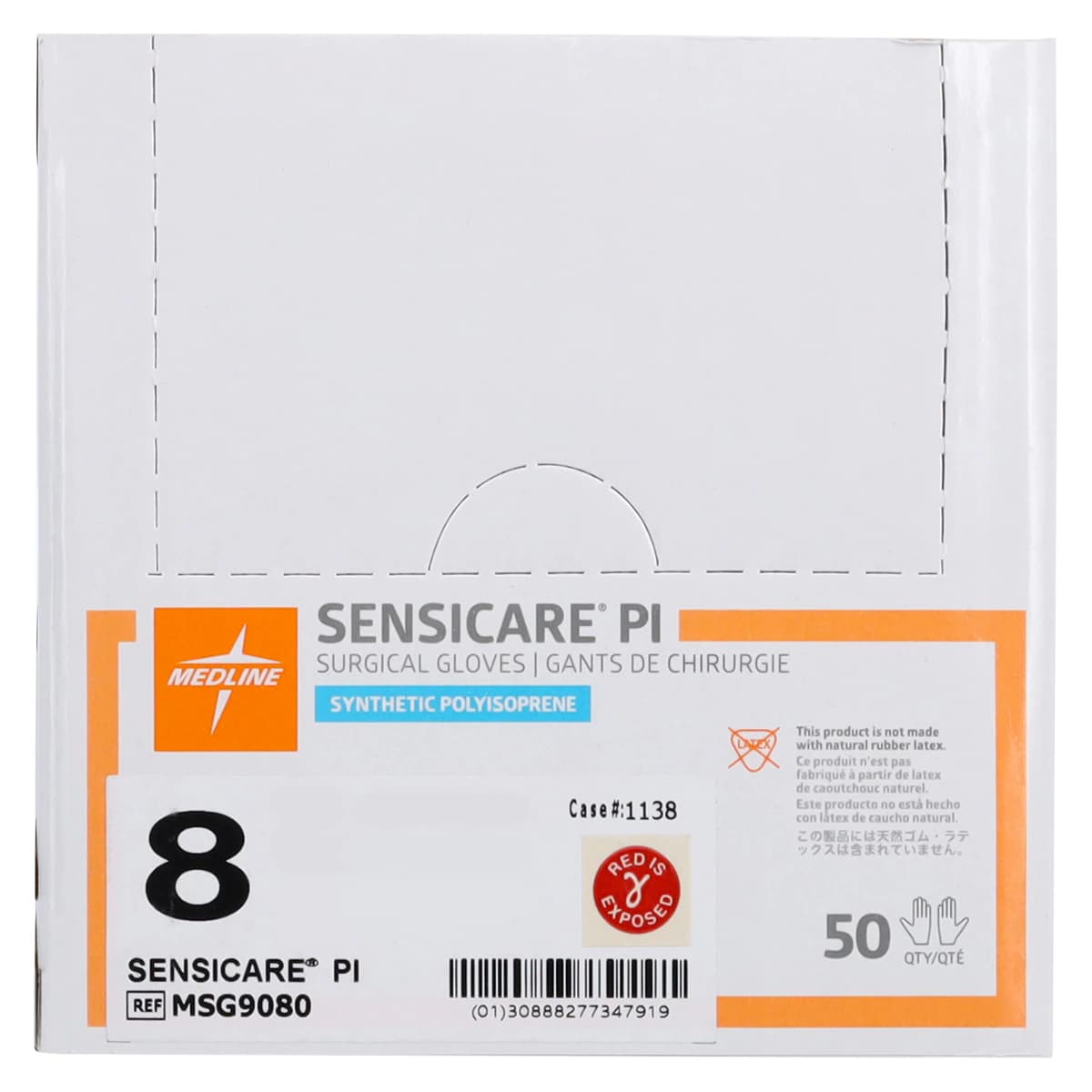 Medline SensiCare PI Polyisoprene Surgical Gloves, Powder-Free, Latex-Free, Size 8, Cream, 50 Pairs/Box thumbnail 8