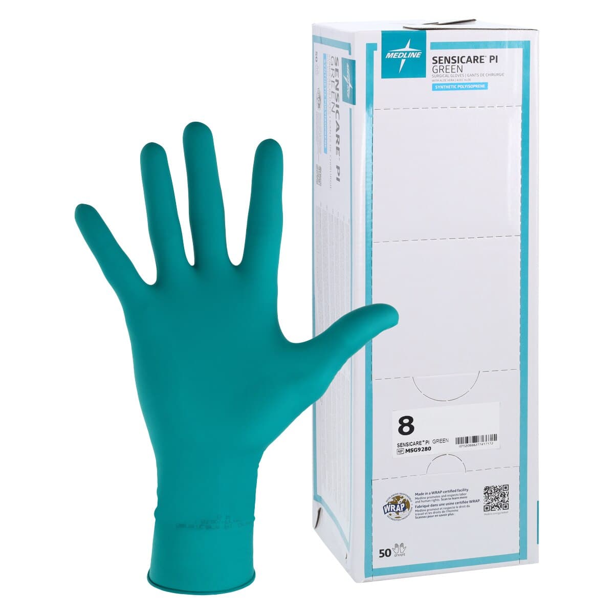 Medline SensiCare PI Synthetic Polyisoprene Surgical Gloves, Size 8, Green, Powder-Free, 50 Pairs/Box thumbnail 2