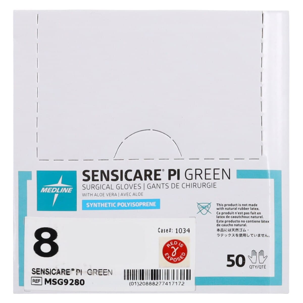Medline SensiCare PI Synthetic Polyisoprene Surgical Gloves, Size 8, Green, Powder-Free, 50 Pairs/Box thumbnail 8