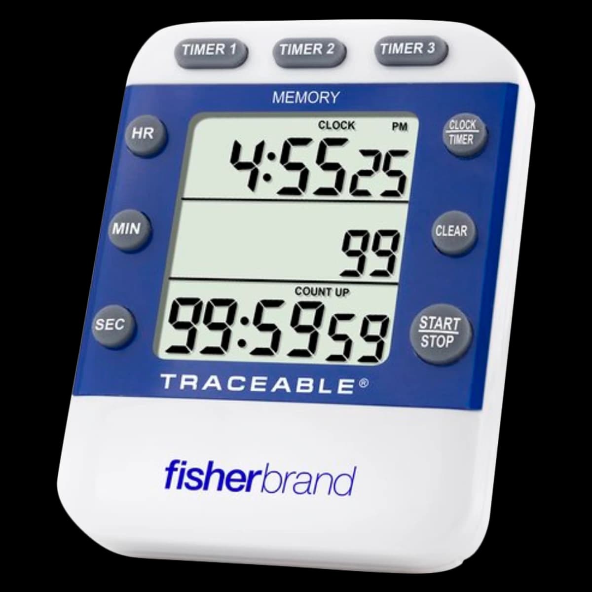 Traceable Three-Line Alarm Timer, 99 Hours 59 Minutes 59 Seconds, Audible Alarm, LCD, Magnetic Back, Easel Stand, Each - Timer Three-Line Alarm - Image 1