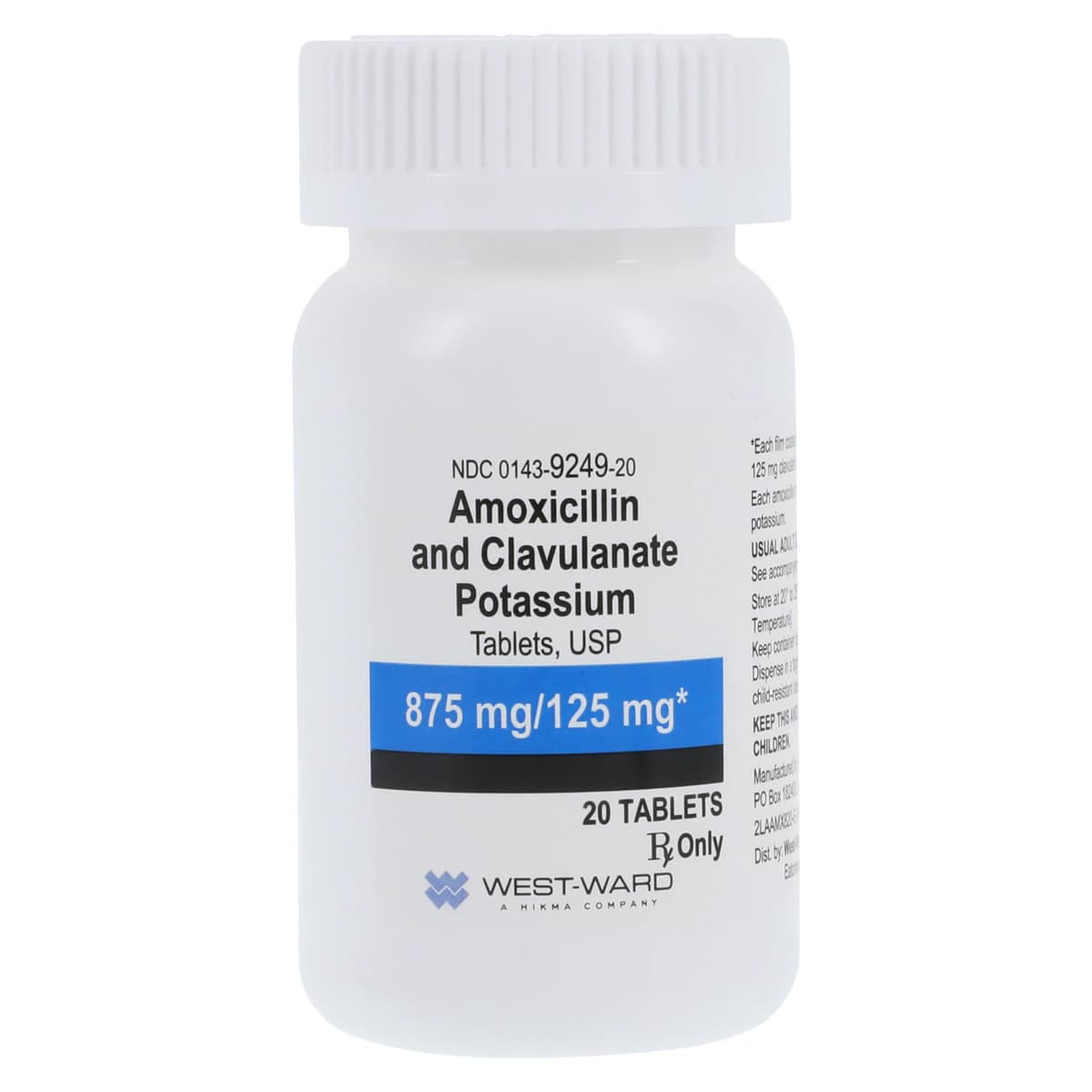 Amoxicillin/Clavulanate Potassium Tablets 875mg/125mg, Bottle of 20, Hikma Pharmaceuticals - Amoxicillin/Clavulanate Tabs - Image 1