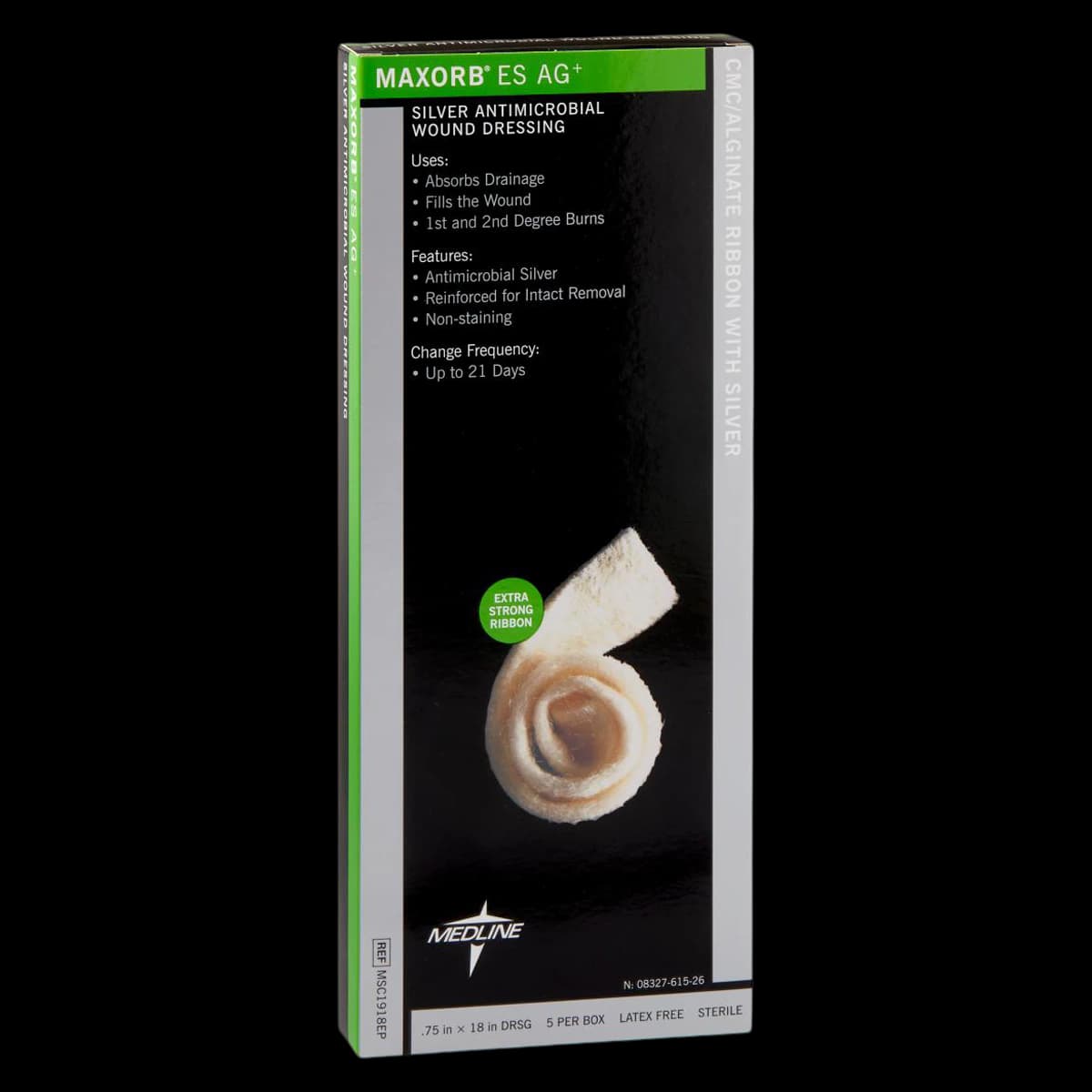 Medline Maxorb ES Ag+ Calcium Alginate Reinforced Dressing, 3/4" x 18", Sterile Ribbon, Latex-Free - Dressing Rnfrcd Maxorb ES Ag - Image 1