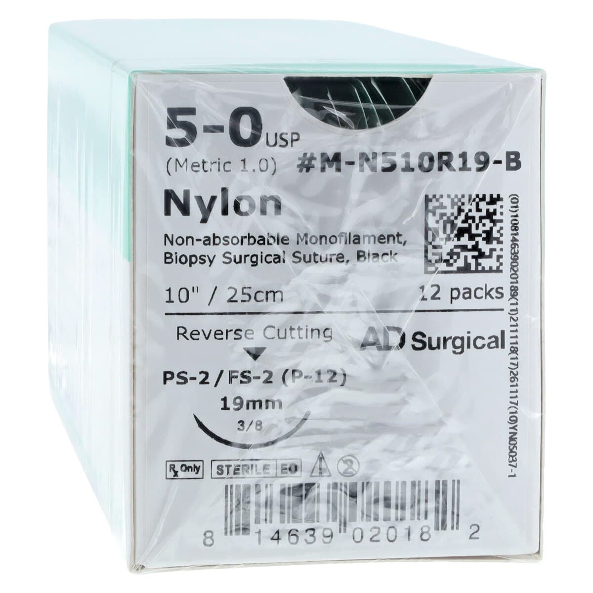 Unify Suture Nylon Monofilament, 5-0, 10", Non-Absorbable, FS-2 Reverse Cutting 3/8 Circle Needle 19mm, Uncoated Black, 12/Box thumbnail 2