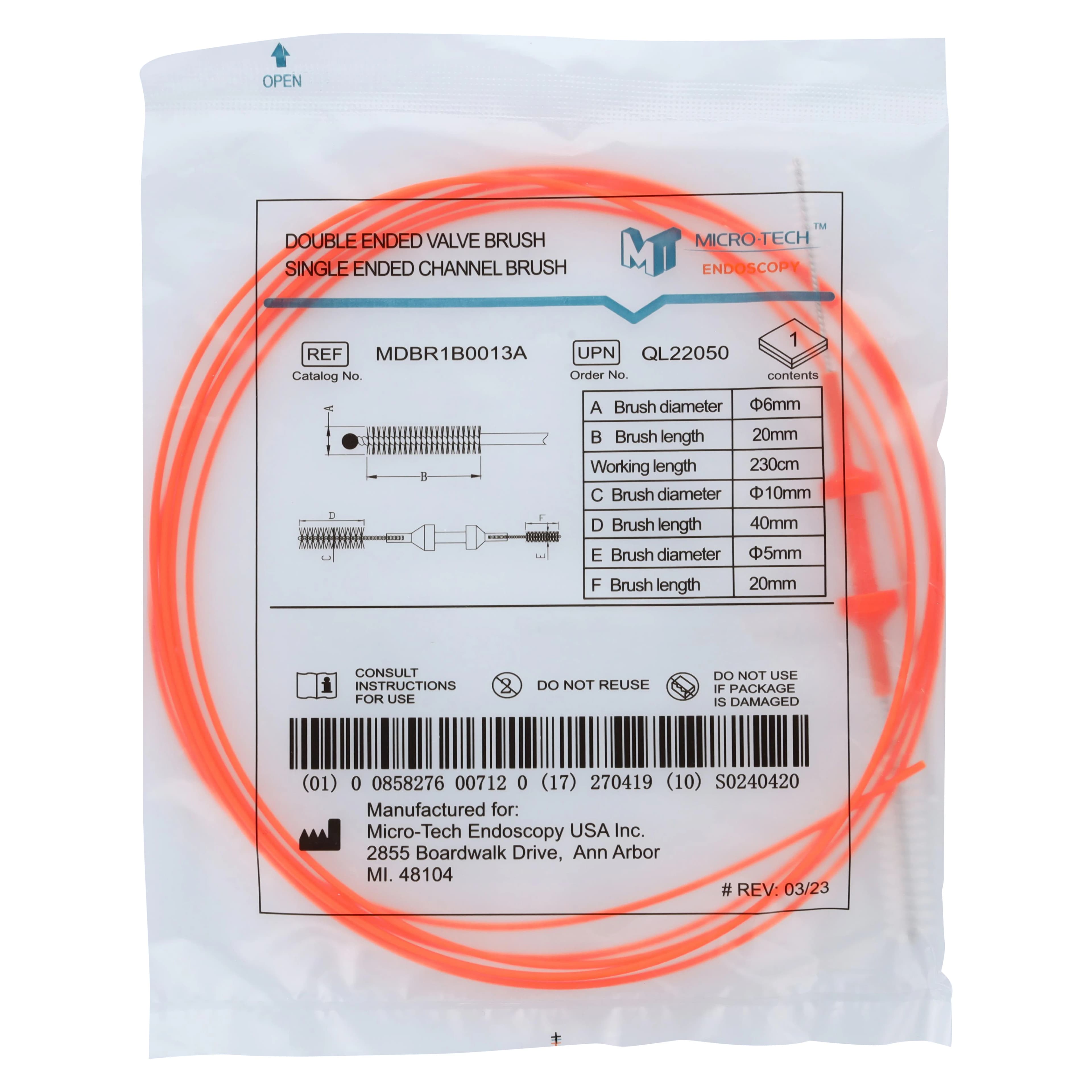 Micro-Tech Endoscopy Channel Cleaning Brush, Single with Double Valve Brush, 6mm, 50/Box - Chnnl Brsh Sngl w/ Dbl Vlv Brs - Image 1