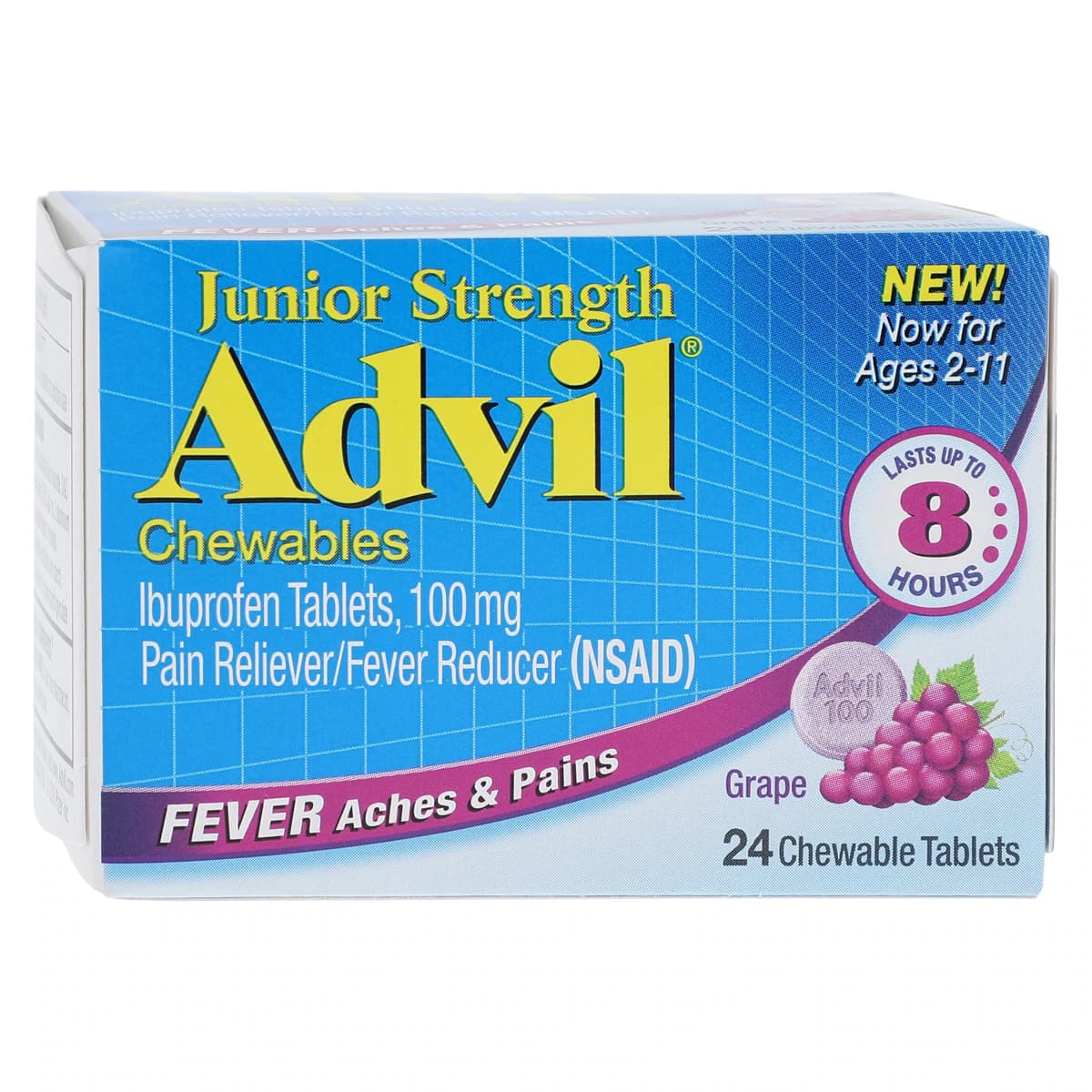 Advil Junior Chewable Tablets, 100 mg, Grape, 24 Count Bottle - Advil Jr Grape Chwbl Tabs N-R - Image 1