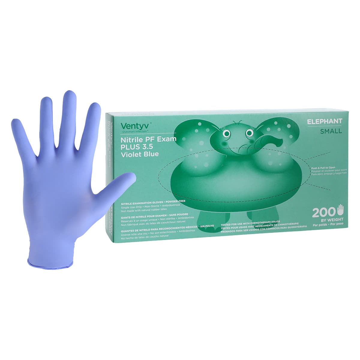 Ventyv Plus 3.5 (Elephant) Nitrile Powder-Free Exam Gloves, Violet Blue, Small, Polymer Coated, Chemo Tested, 200/Box, 10334101 - VENTYV NITRILE POWDER FREE EXAM GLOVE PLUS 3.5 (ELEPHANT) 10334101 - Image 1