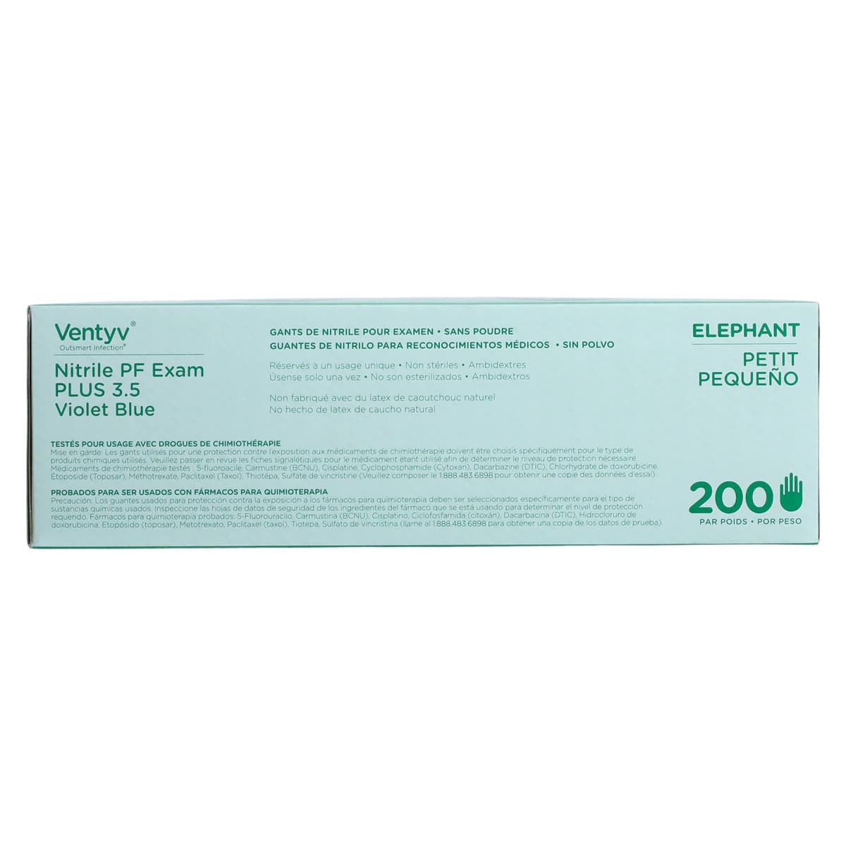 Ventyv Plus 3.5 (Elephant) Nitrile Powder-Free Exam Gloves, Violet Blue, Small, Polymer Coated, Chemo Tested, 200/Box, 10334101 thumbnail 8
