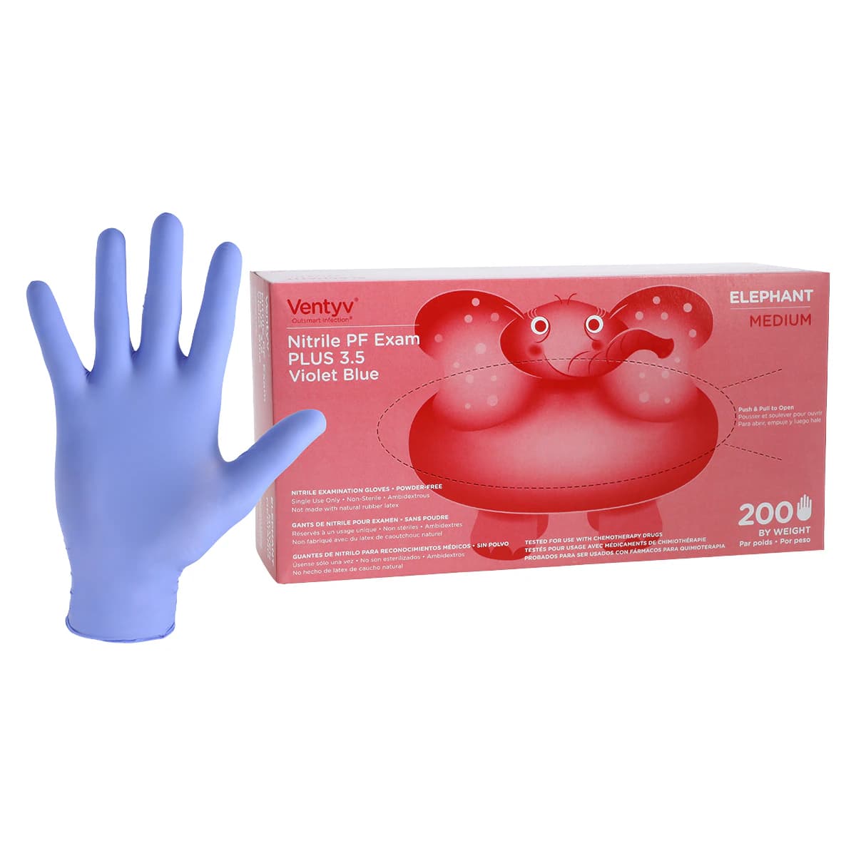 Ventyv Nitrile Powder-Free Exam Glove Plus 3.5 (Elephant), Medium, Violet Blue, 200/Box, 10335101 - VENTYV NITRILE POWDER FREE EXAM GLOVE PLUS 3.5 (ELEPHANT) 10335101 - Image 1