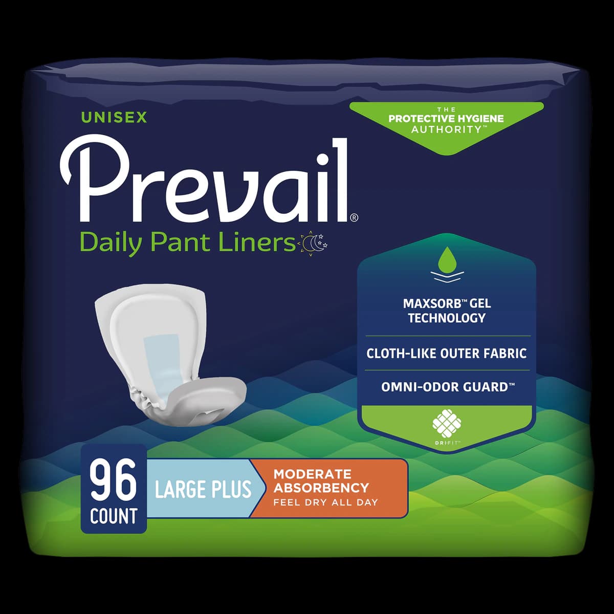 Prevail Incontinence Liner, Unisex Adult, Large Plus, 13x28", Moderate Absorbency, White, Odor Guard, Adhesive Strip, MaxSorb, 96/Case - Liner Incontinence Prevail - Image 1