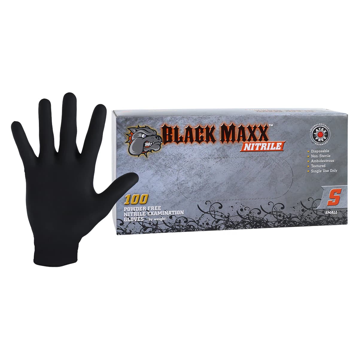 Black Maxx Nitrile Exam Gloves, Powder Free, Textured, Non-Sterile, Small, Black, 100/Box, BMN100S thumbnail 2