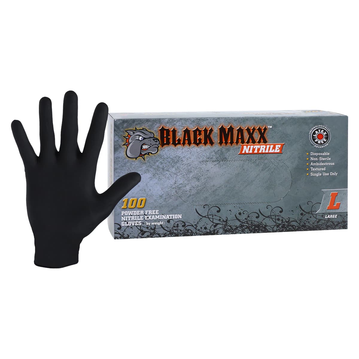 Black Maxx Nitrile Exam Gloves, Powder-Free, Non-Sterile, Large, Black, Textured, 100/Box, BMN100L thumbnail 2