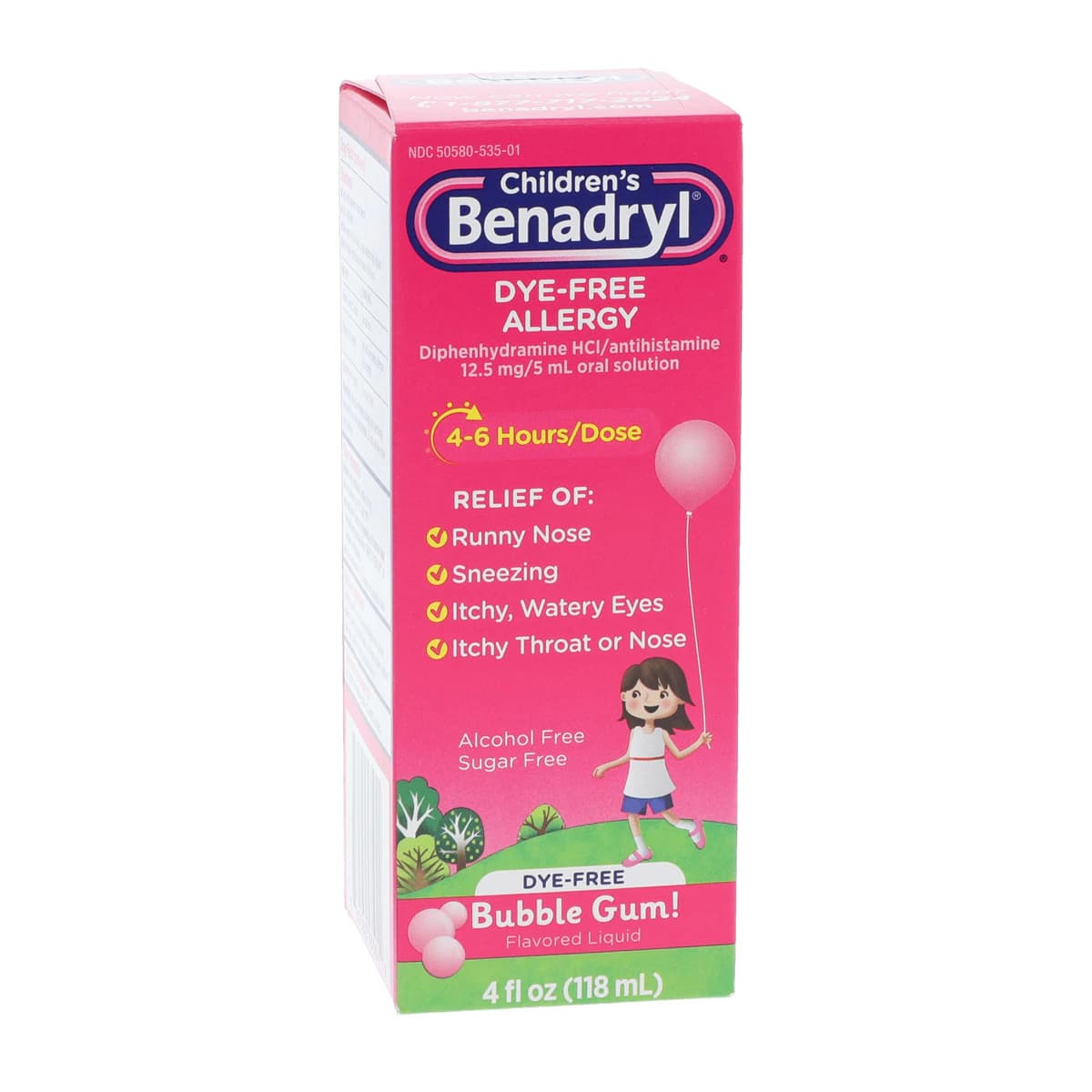 Benadryl Children's Allergy Liquid, Dye-Free, Bubble Gum Flavor, 12.5 mg/5 mL, 4 oz Bottle - Benadryl Allergy D/F Child - Image 1