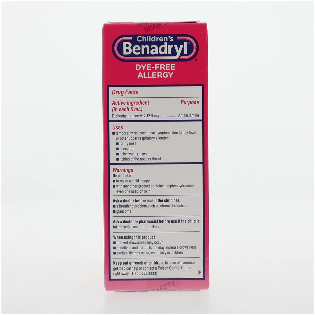 Benadryl Children's Allergy Liquid, Dye-Free, Bubble Gum Flavor, 12.5 mg/5 mL, 4 oz Bottle thumbnail 2