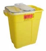 Becton-Dickinson Sharps Container, Chemotherapy, 5 Gallon, Clear/Yellow, Vertical Entry Funnel, Tethered Cap, 7-1/2" x 10-1/2" x 18", 8/Case - Sharps Cont Chemo w/TetherLid - Image 1