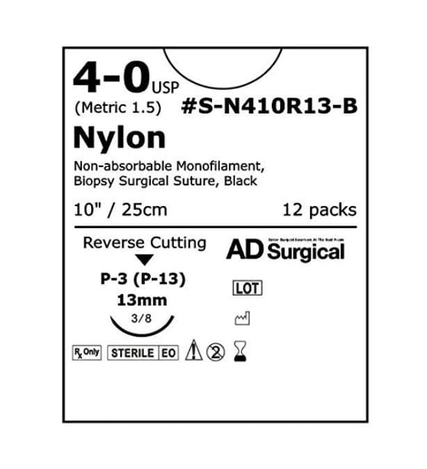 Unify Nylon Monofilament Non-Absorbable Suture, 4-0, 10", P-3 Reverse Cutting 3/8 Circle Needle 13mm, Uncoated Black, 12/Box - Suture Nylon Unify 3/8 Circle - Image 1